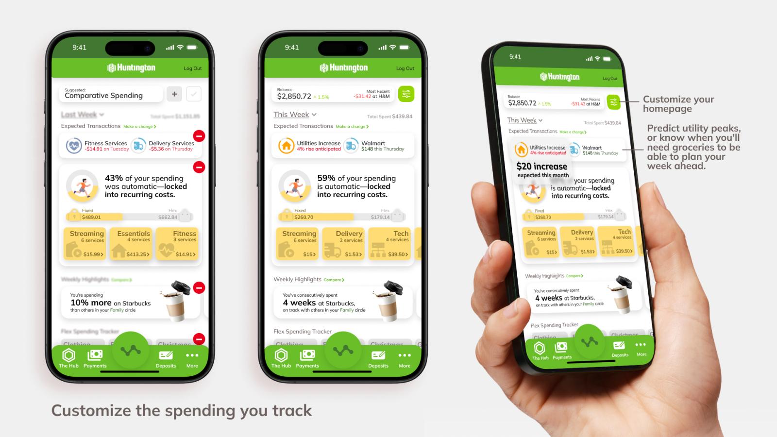 Three views of Huntington Bank's app showing customizable spending tracking features, with recurring cost percentages and category breakdowns.