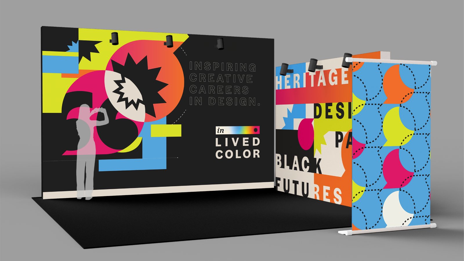 This image features several exhibit stands in mockup form.