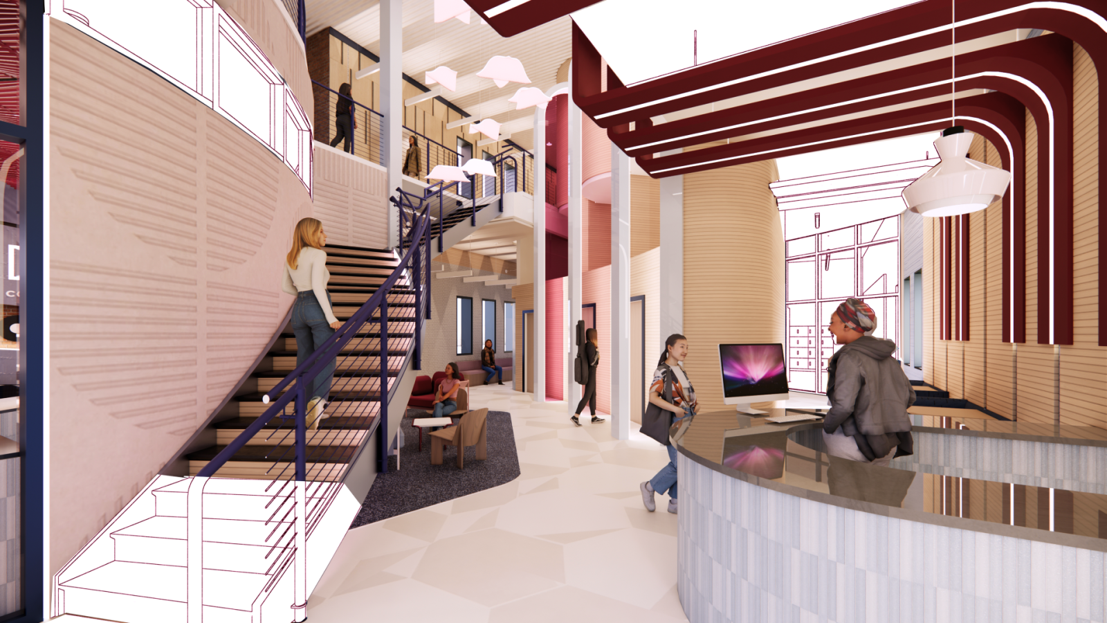 The reception/lounge area shows an open, vertical space with a curved staircase on the left. On the right, a reception desk stands in front of a wide hallway that leads back to an open studio. In the middle, tall, linear structures in different shades of magenta connect the music studios on the bottom and the reflection pods on top. Wood slats wrap the structure in the middle. Acoustical lighting in the shape of birds hang from the second to the first floor.