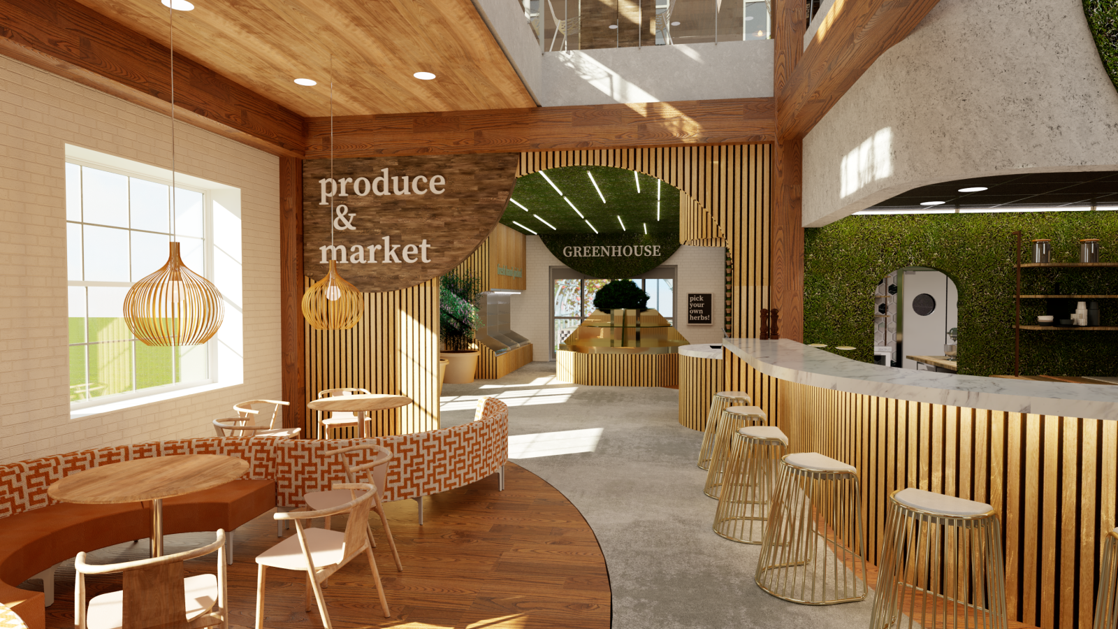 A modern, open-concept marketplace and dining area featuring a curved marble- topped bar with gold stools, a produce market entrance, and a greenhouse beyond. The space is accented with natural wood, pendant lighting, and green walls, creating an inviting and eco-conscious atmosphere.