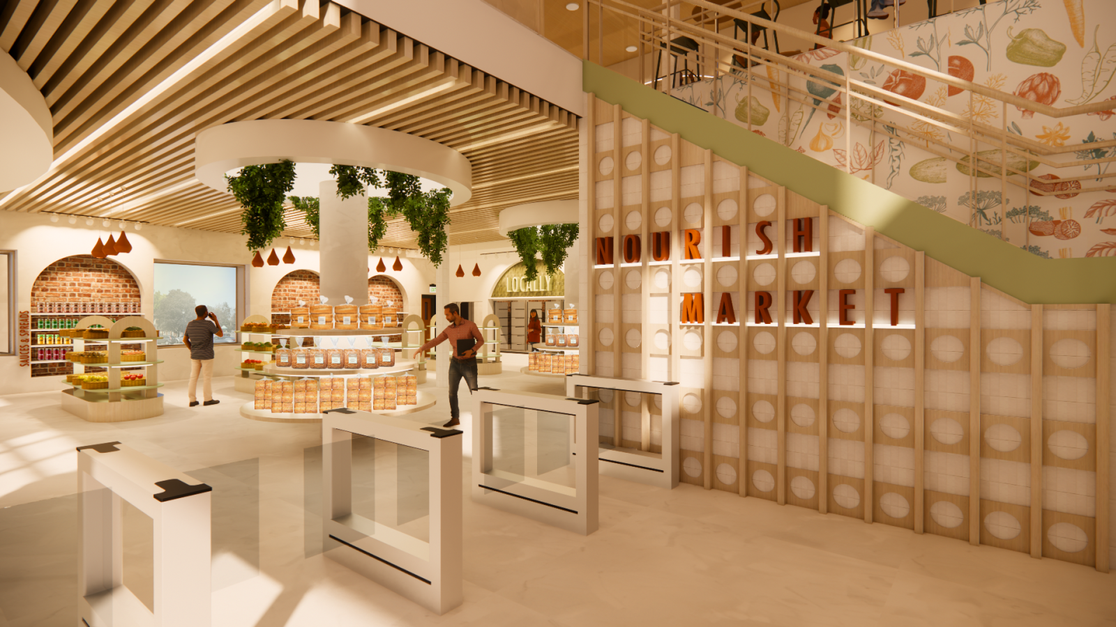 This perspective shows the entrance of Nourish Market with RFID check-in and check-out security gates leading to the produce, dry food storage, and refrigerator storage part of the market. Here shoppers are seen browsing bread options, produce, and grab and go food items.