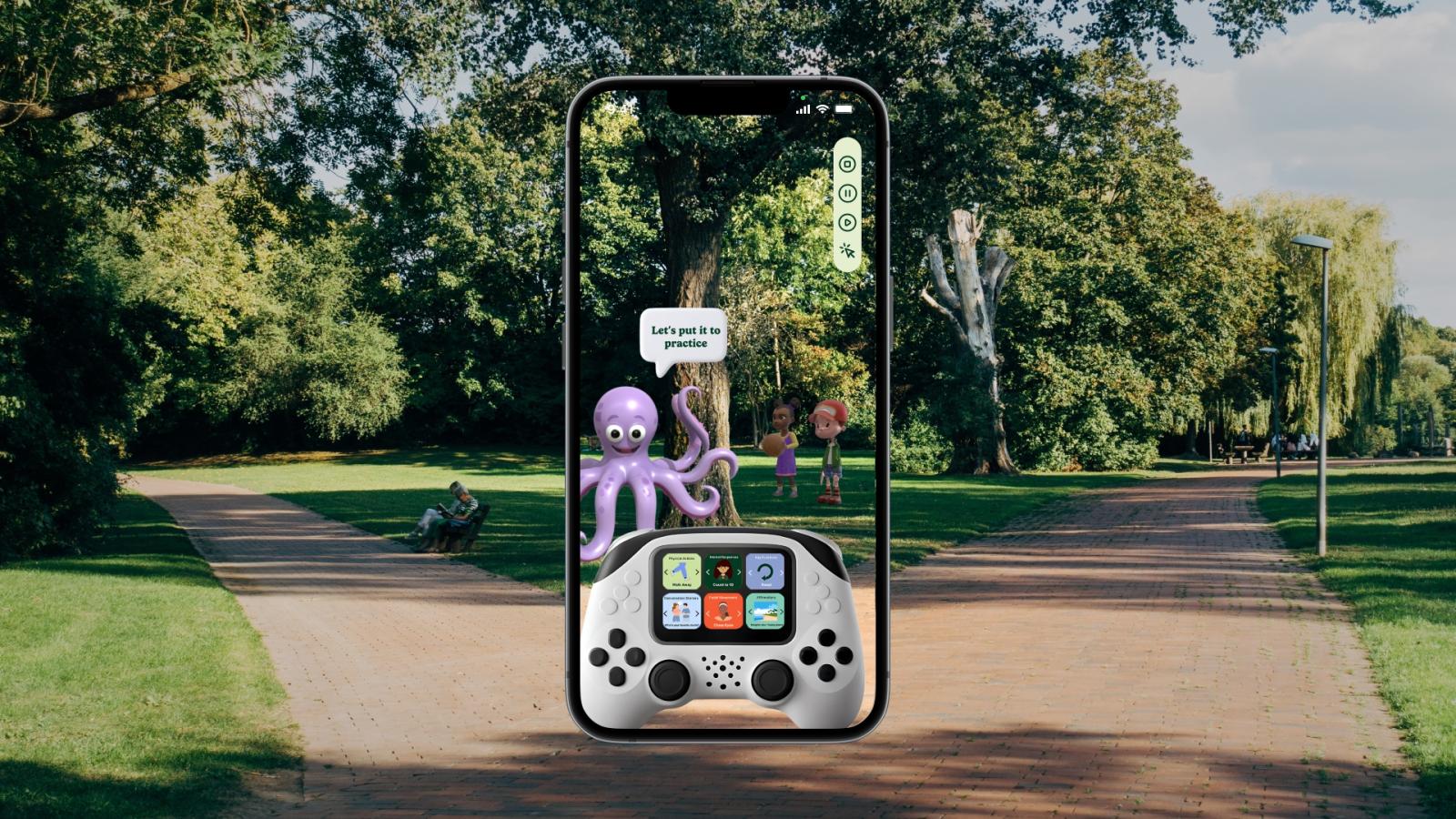 Mobiletouchscreenmockupthatuses3Dgraphics,photosofpracticingsocial interactions in real-time.