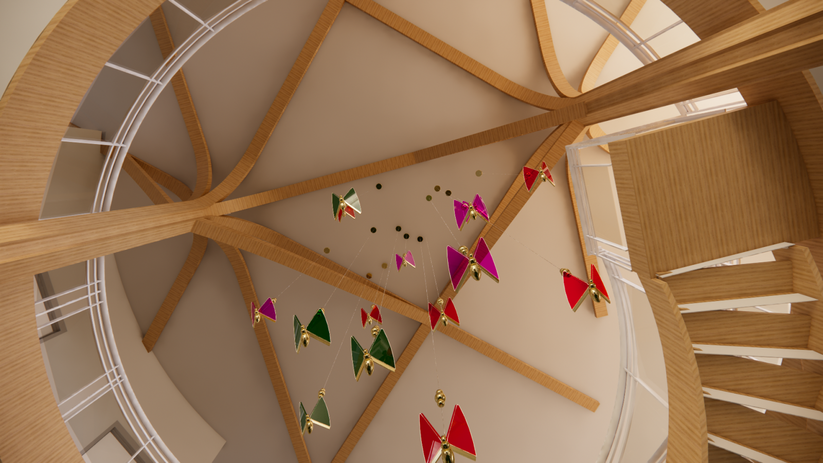 A ceiling view in a modern, circular space featuring wooden architectural beams that elegantly curve and intersect. Suspended from the ceiling are decorative butterfly-shaped ornaments in red, pink, and green with gold accents, hanging at varying heights on thin wires. The ceiling design is complemented by white railings and a curved staircase leading to an upper level, adding to the airy and dynamic feel of the space. The combination of wood, soft lighting, and playful hanging elements creates a warm and i