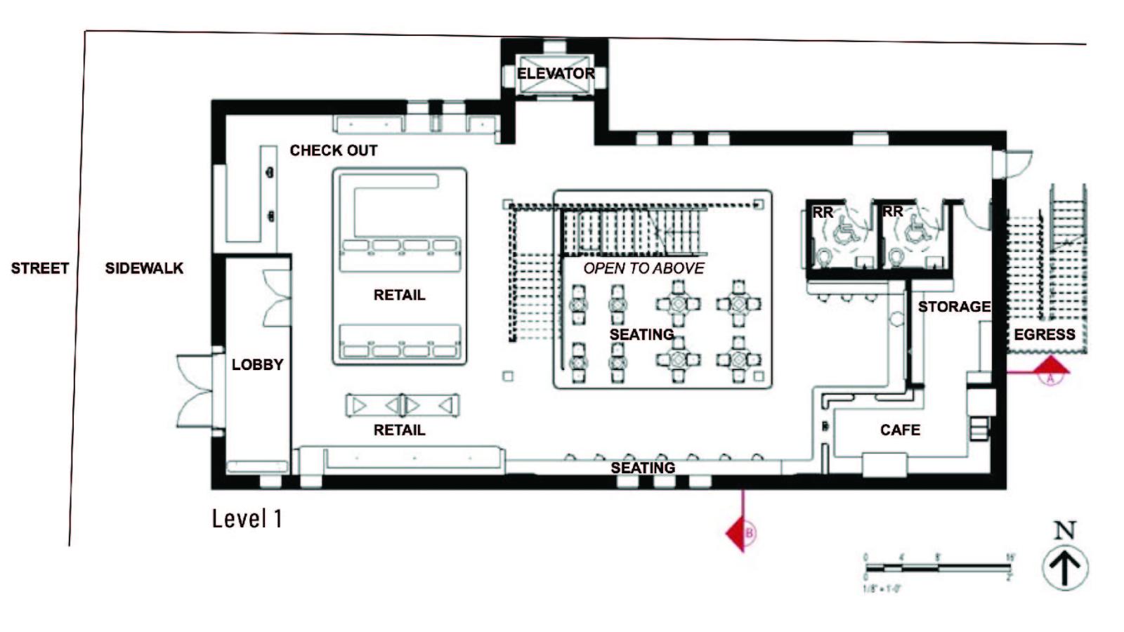 The Level 1 floor plan shows the north-facing view of the space. The different areas moving from west to east include the retail section and checkout, an elevator, an open seating area, a central staircase, a small cafe, two restrooms, a storage room, and a back egress exit.