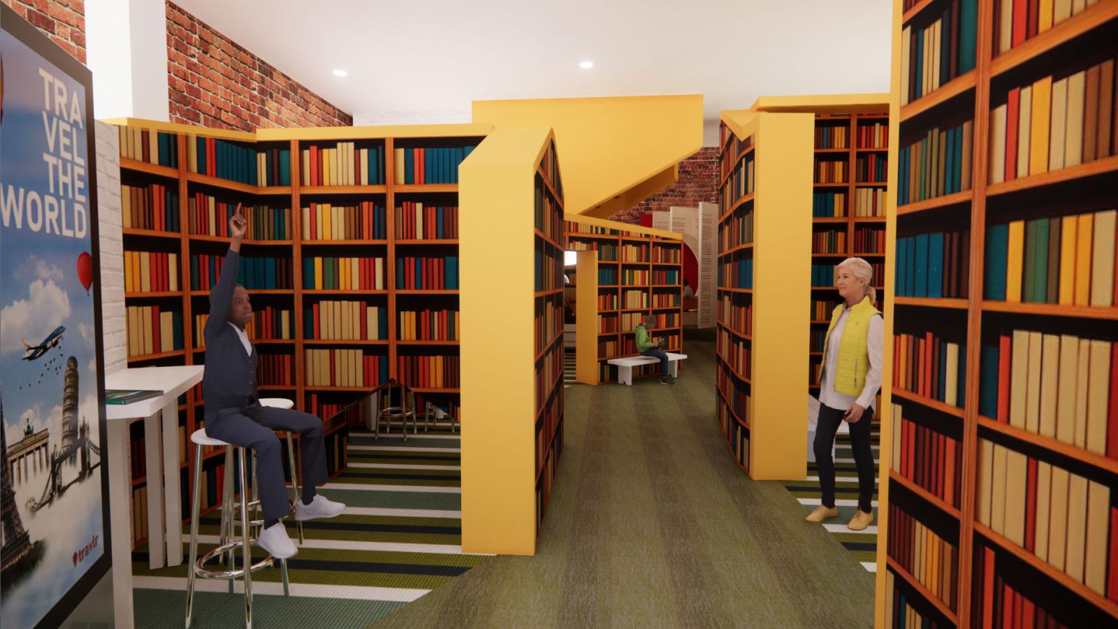 A view showcasing the degrees of the complexity of navigation within the space. There is a straight path throughout all the geometric bookshelves, but also holes for children to crawl through and seating areas along the walls.