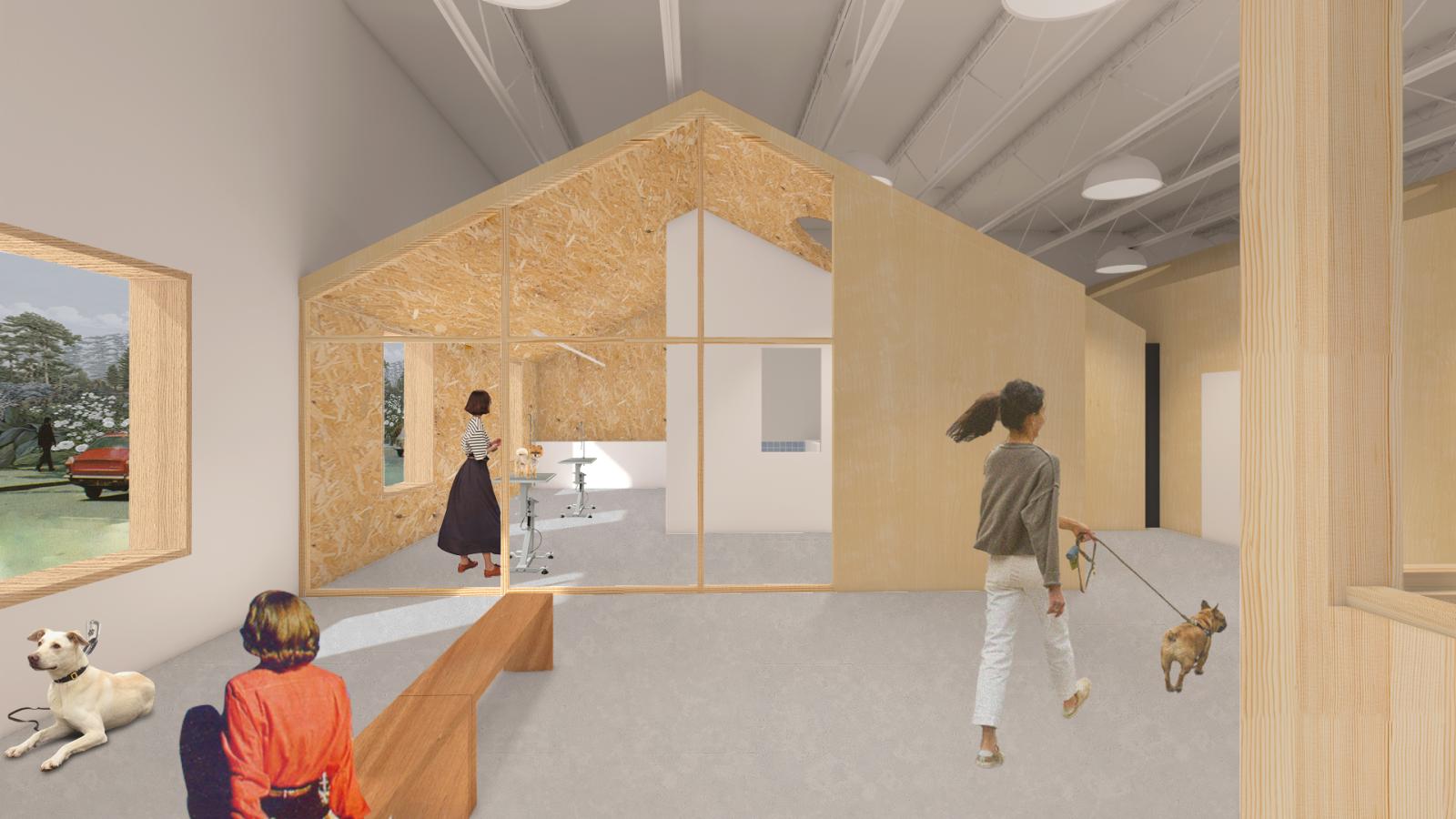 2.	A pet grooming and care area designed with a modern, natural aesthetic. A woman is inside a small, enclosed room with large glass windows, grooming a dog on a table. The room has a warm plywood and OSB (oriented strand board) finish, creating a cozy yet functional atmosphere. A woman with a ponytail is walking a small brown dog on a leash past the room, while another person sits on a bench nearby. Large open windows on the left side reveal a collage-style natural landscape with trees, a parked vintage ca