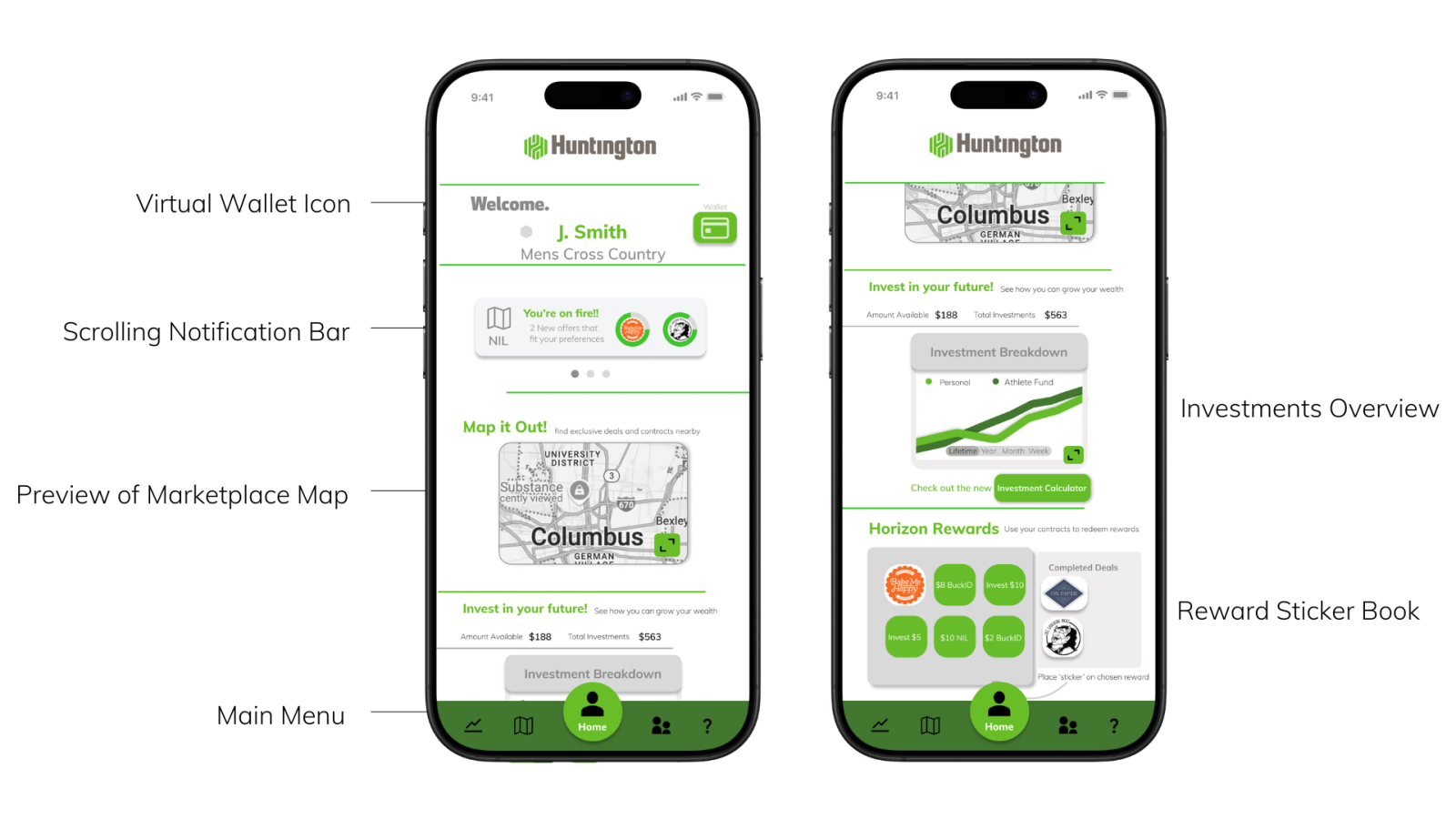 3.	Home screen of the Horizons application, displaying various menus and a scrolling notification bar. 