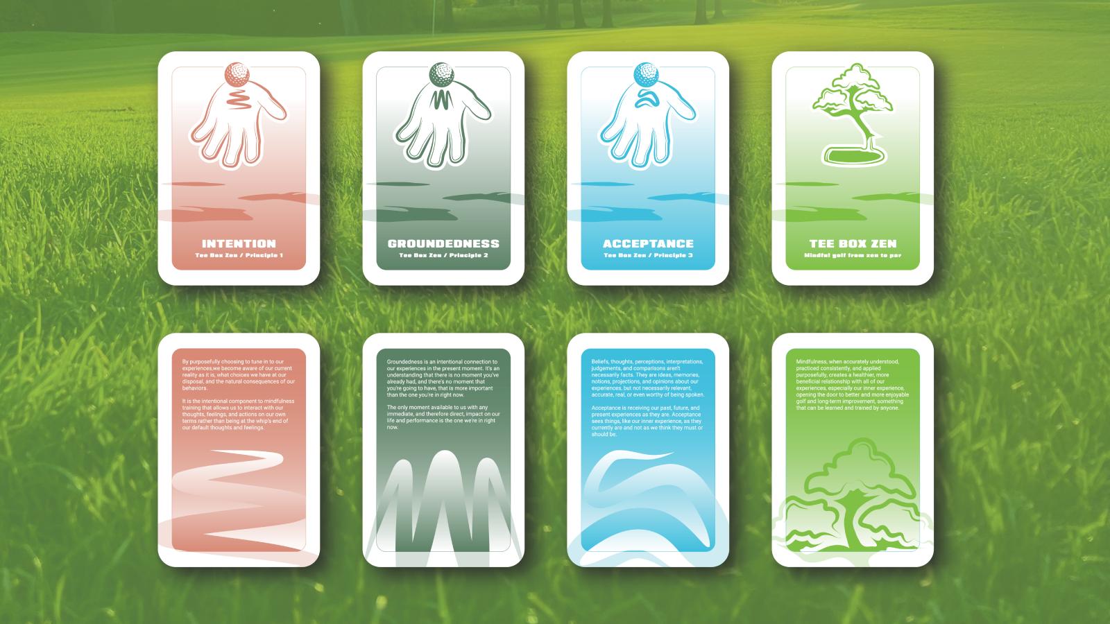 Set of four Tee Box Zen branded mindfulness cards, arranged with the front faces on top and the back faces below. Each card features an abstract golf scene and includes the brand name, mindfulness principle number, and a short paragraph about the principle. 