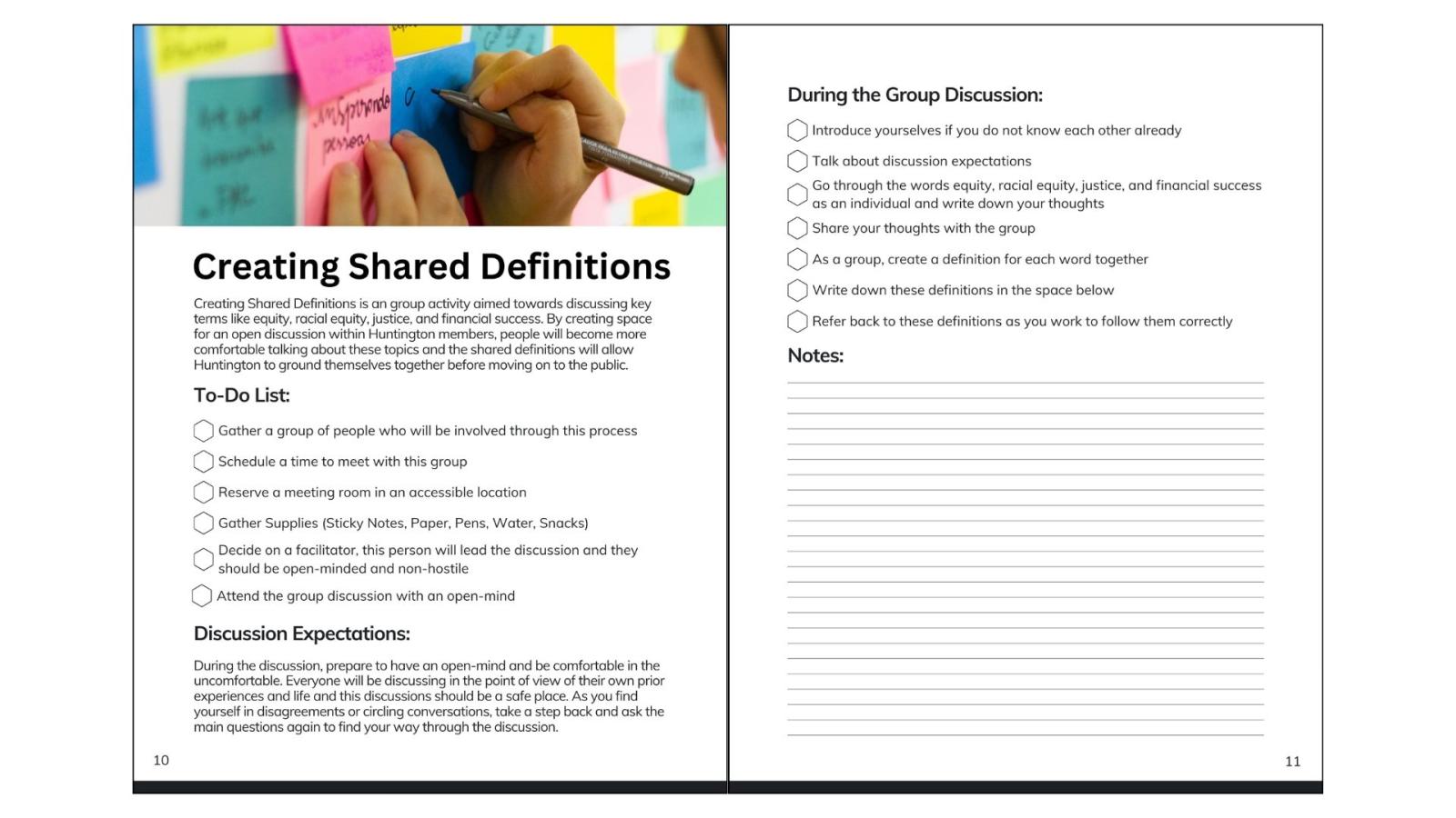 The image shows an example page spread from the activity workbook that outlines how to created shared definitions within the Huntington team. There are to-do lists, expectations, tasks, and a space for notes within this spread