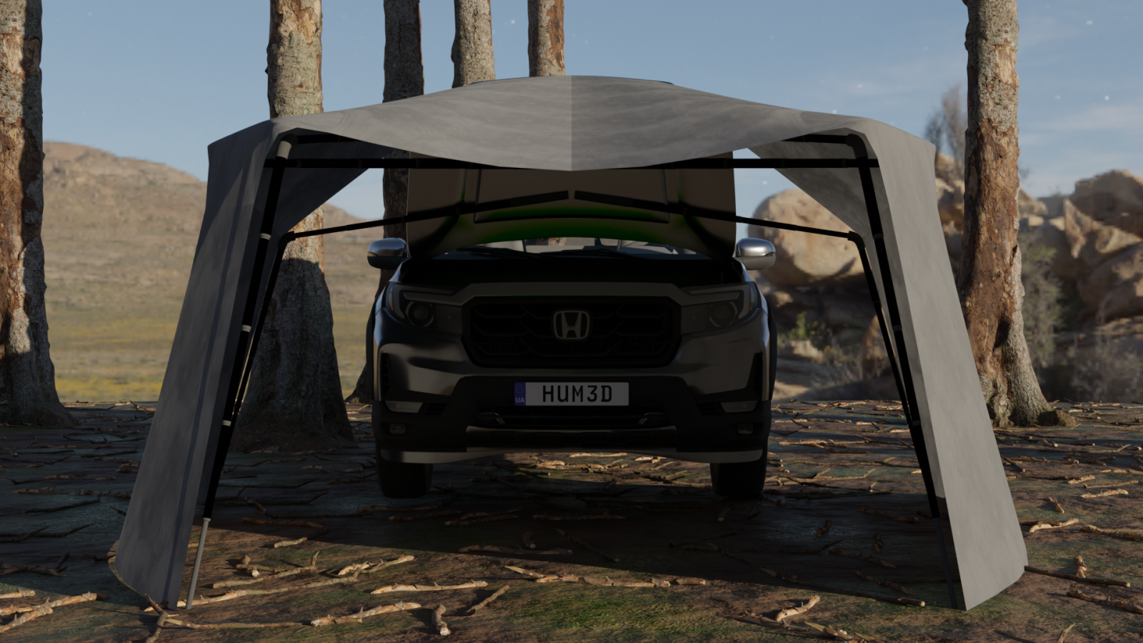 A Honda EV parked in a forested area with FoldNest deployed, extending a lightweight, tent-like canopy from the open frunk. The structure is supported by foldable frames, providing a covered space in front of the vehicle.