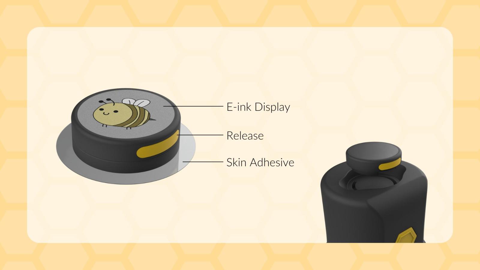 This image shows how the transmitter and sensor fit together as well as their associated parts. These parts include: the e-ink display, release button, and skin adhesive.