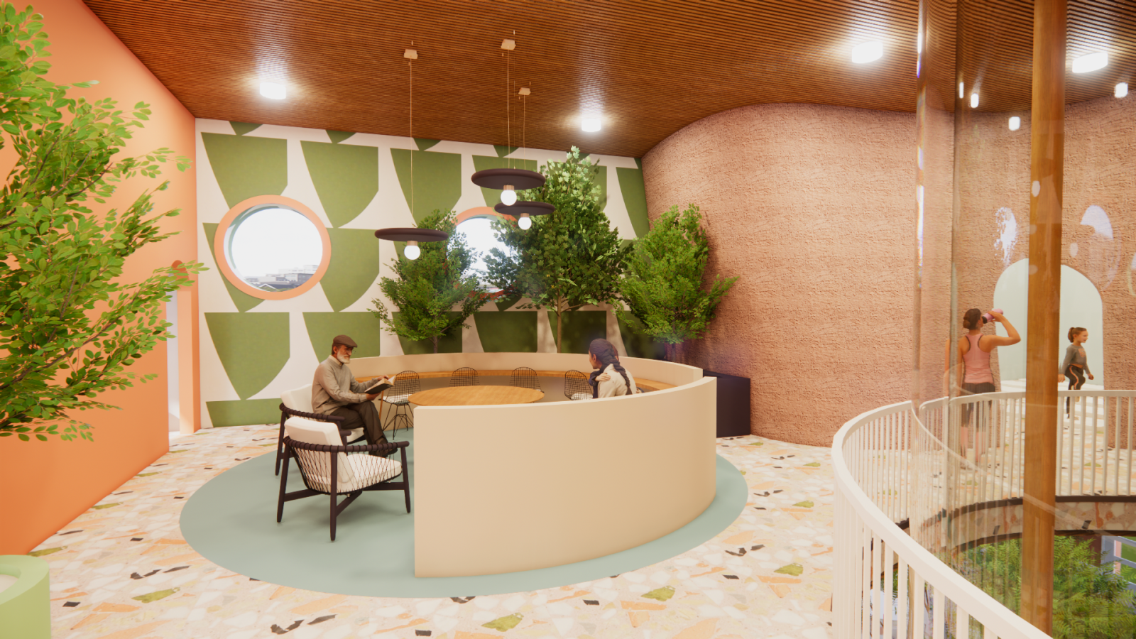 Anelevatedcommunalseatingspacewithacurvedbeigebenchencirclinga wooden table. A man reads while another person sits across from him. The space features green and white geometric wall patterns, round windows, pendant lighting, and abundant indoor greenery. The area overlooks the lower level of the wellness center, with a curved white railing oFering a view of the climbing zone below.