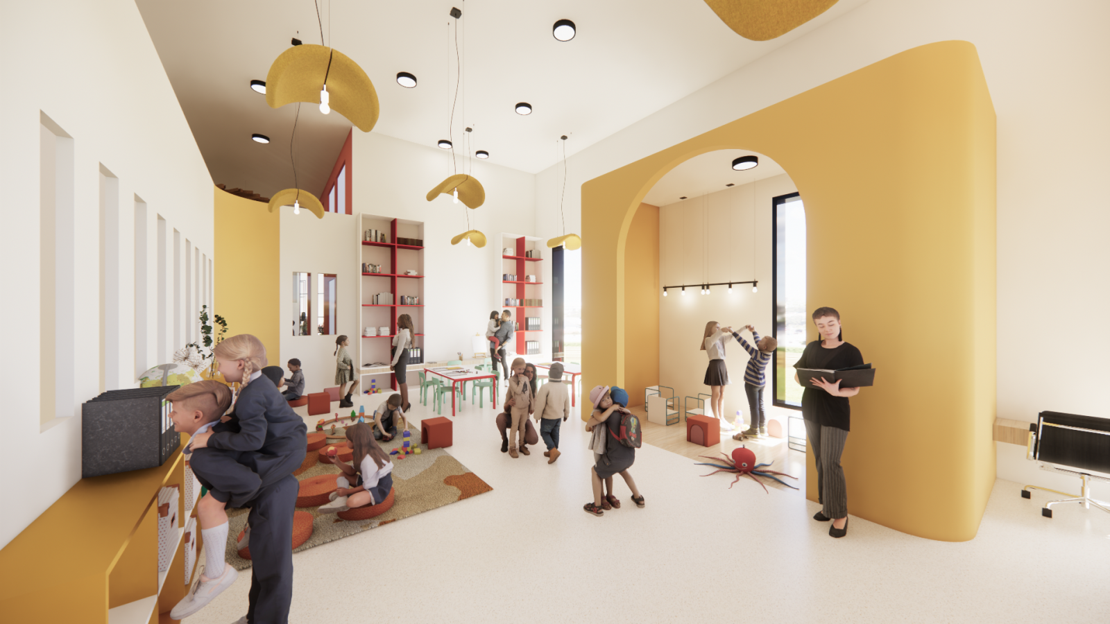Pre-K community space filled with children and caregivers engaging in various activities. Some children are playing on the floor with toys, while others interact with bookshelves, tables, and reading areas. The design features warm yellow and red accents, soft lighting, and flexible seating, creating an inclusive and stimulating environment.