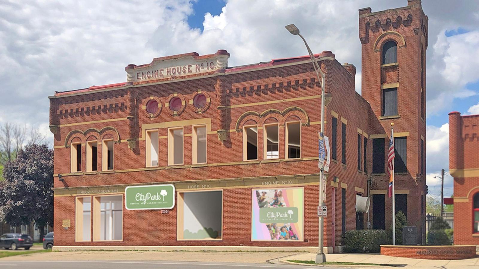 A historic red brick building with arched windows and decorative brickwork, labeled 'Engine House No. 10' at the top. The building has been repurposed for 'City Park Child Care and Family Education Center,' as indicated by signage on the exterior. The front features large windows, one displaying the City Park logo on a green background, another with a colorful promotional design. An American flag is mounted on a pole near the entrance. The sky is partly cloudy, and there are trees, a streetlight, and parked