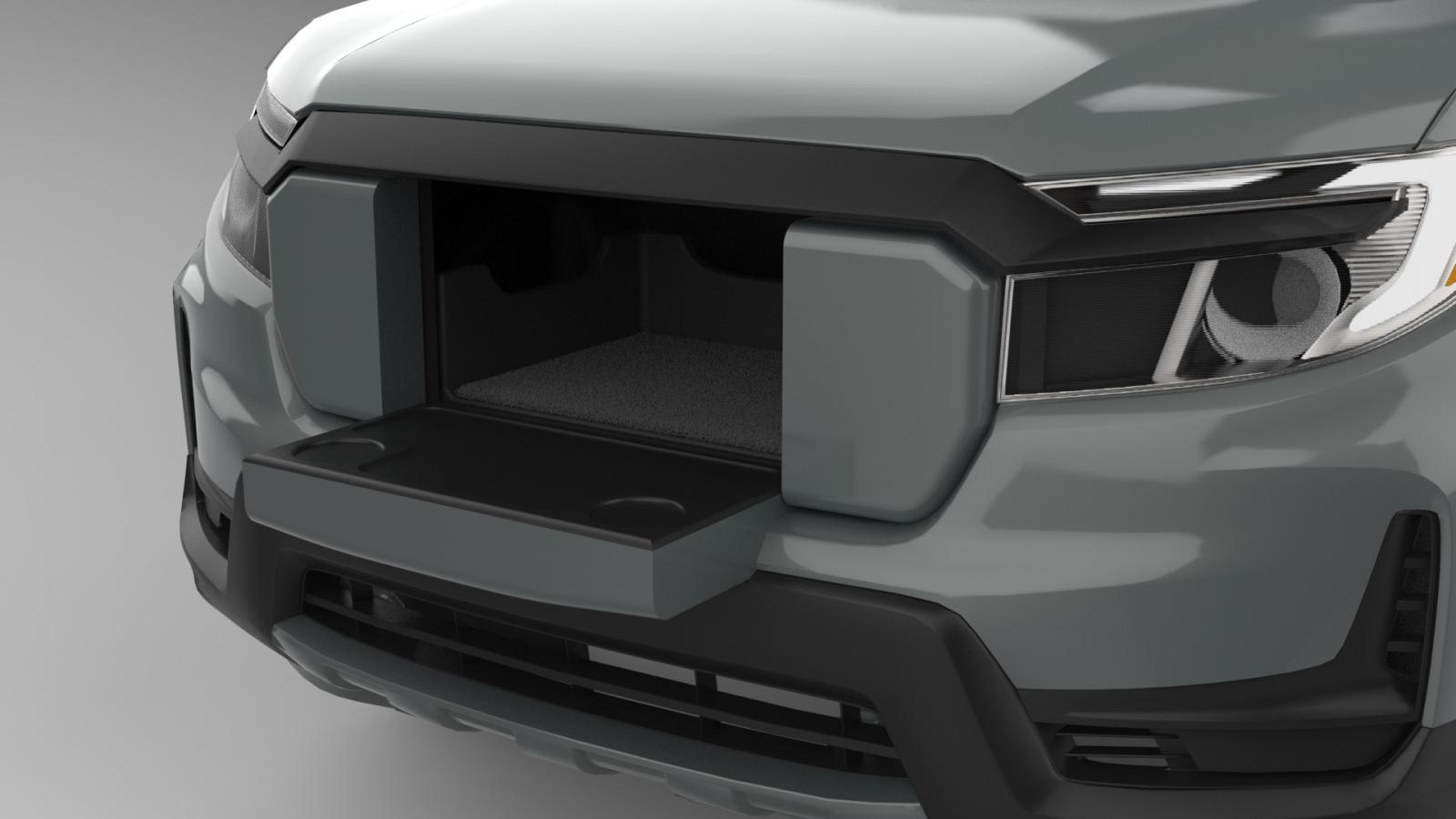 A 3D rendered image of the front of a Honda Ridgeline with the center part of the grille (the Grille Guard) being completely lowered and flush with the bed of the frunk. The hood is still lowered in place.