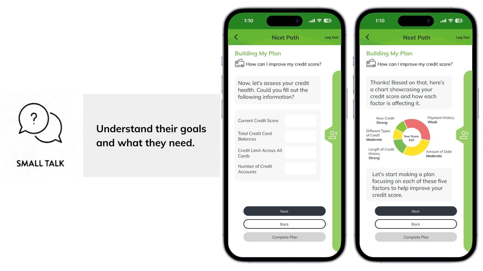 A screenshot showing the NextPath tool on mobile phones. On the left, the tool prompts the user to input details like current credit score and credit card balances. On the right, the tool displays a chart of credit score factors, such as 'New Credit', 'Payment History', and 'Amount of Debt', along with tailored advice for improving the score.
