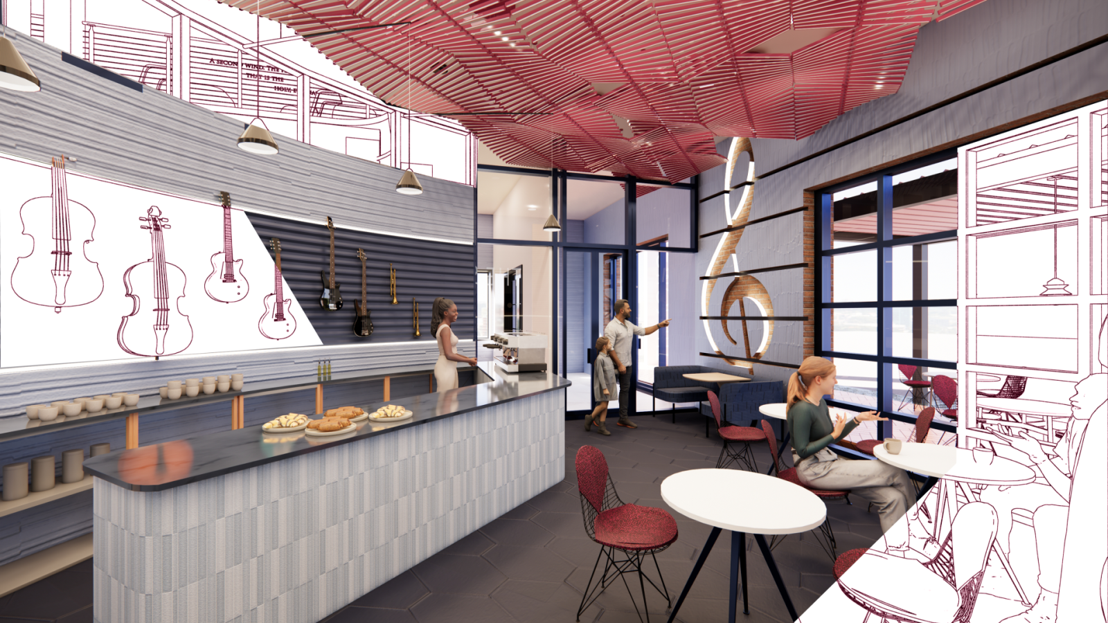 The cafe shows a long, stone counter with pastries on it. Behind the counter, is a wall of instruments including a guitar, bass, and violin. On the right are small, circular tables seating as well as a garage door that leads to the outdoor seating area. There is also recessed lighting in the wall by the door in the shape of a large treble clef. The overall colors in this space are different shades of blue, gray, and pops of magenta.