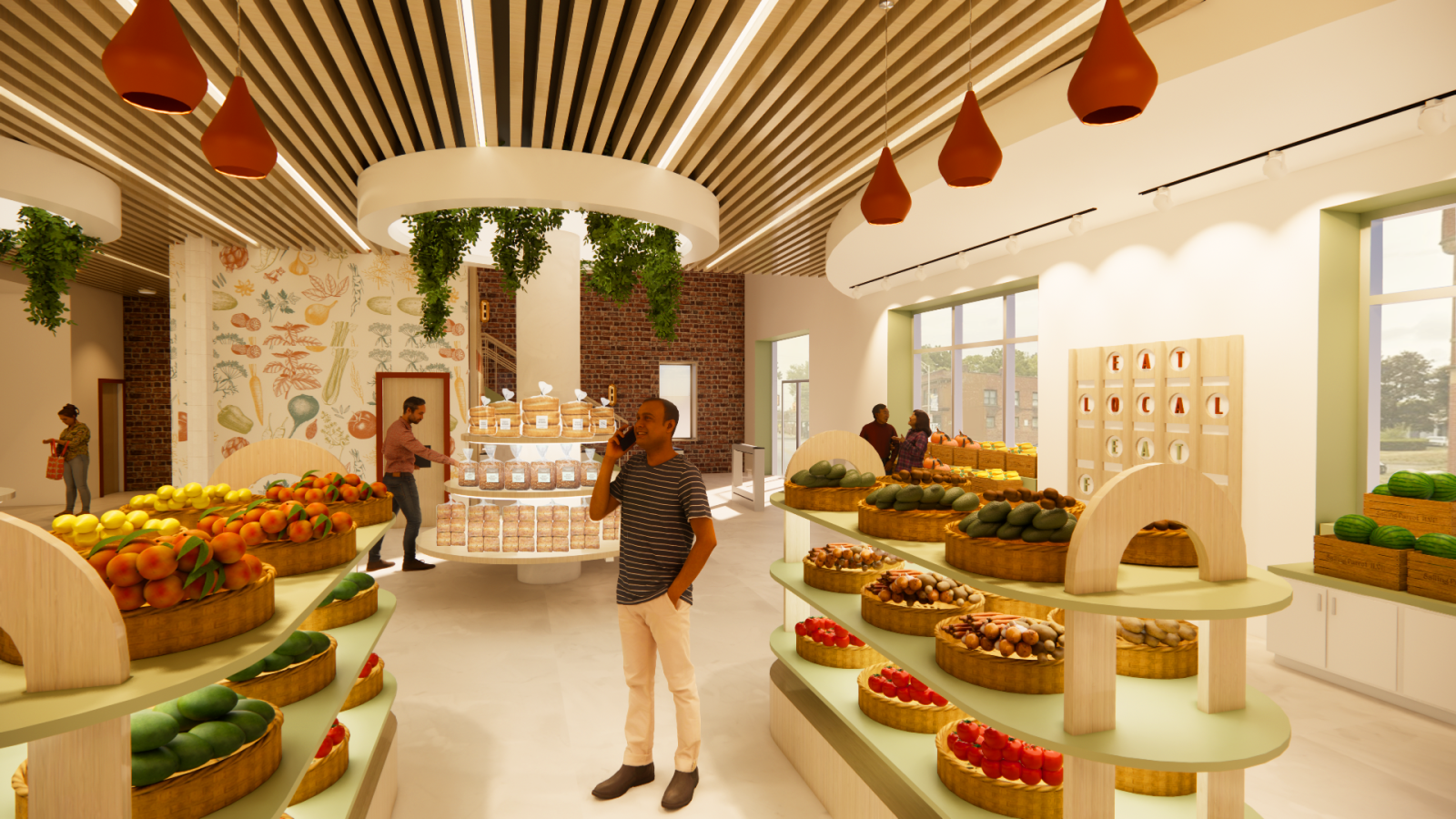 This perspective is at the far West wall of the building facing the entrance and it shows the overall food market with shoppers talking on the phone, picking up groceries, and socializing.