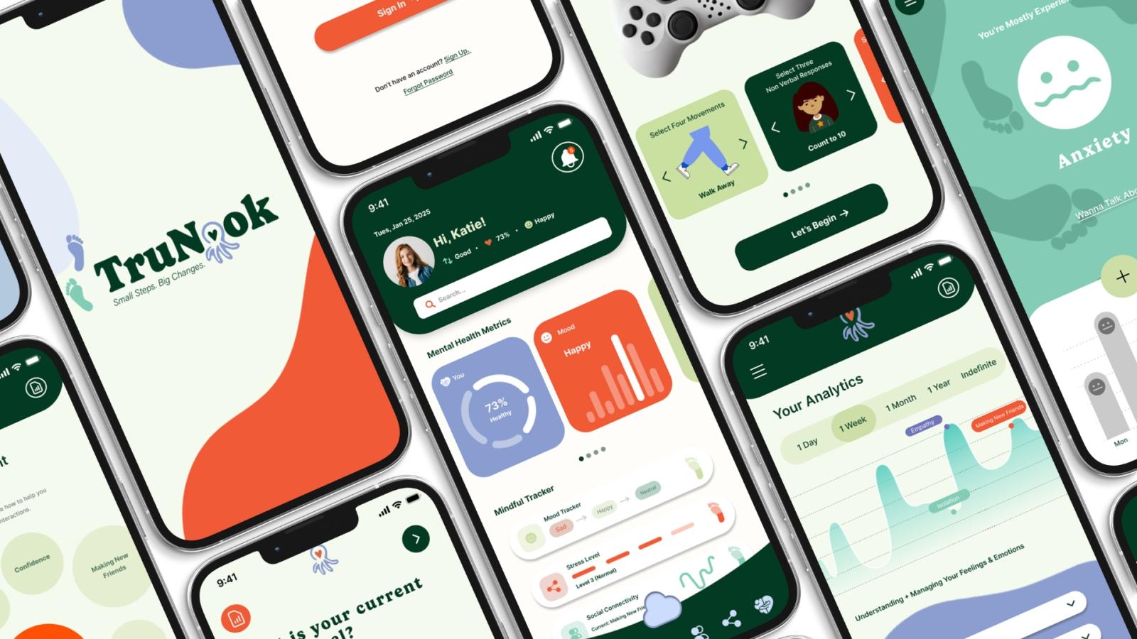 3Ddiagonalmockupincluding:Homepage,SocialConnectivity,MoodTracker, Remote Building, and more.