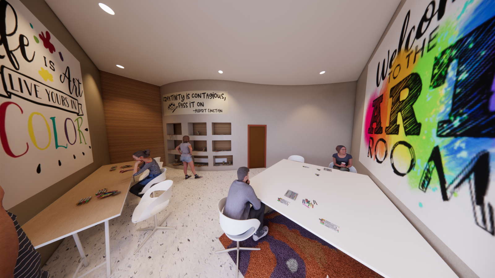 A vibrant art therapy room featuring large, colorful wall murals with inspirational quotes such as "Life is Art, Live Yours in Color" and "Creativity is Contagious, Pass it On – Albert Einstein." The space includes long wooden tables and white chairs, where individuals are engaged in creative activities using markers and art supplies. A display wall with shelves showcases various art pieces. The atmosphere is warm and inviting, designed to encourage artistic expression and collaboration.