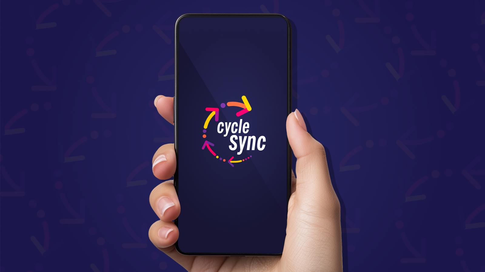 A graphic that has an arrow pattern in the background with a hand that is holding a phone mockup. The phone has a loading screen for the application CycleSync on it.