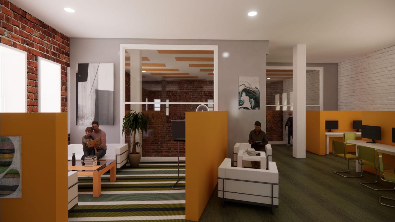 A view of the second floor lounge space, in the loft above the library. There is a collaborative seating area for board games and conversation and also a computer lab for classes for the seniors in the community. Large garage-style windows allow the space to not feel closed off.