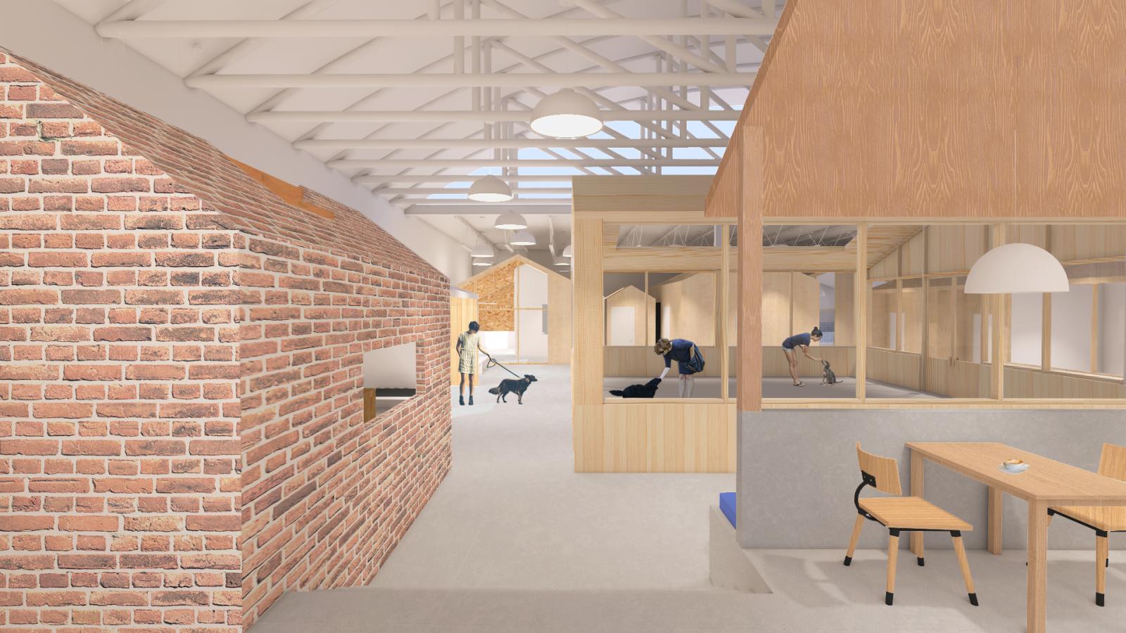 3.	A bright and open indoor space with various wooden structures resembling small house-shaped rooms. The ceiling features exposed white beams with industrial-style pendant lights. A red brick structure with a sloping roof is prominent in the foreground, contrasting with the surrounding wooden and glass enclosures. Several people interact with dogs, including a woman training a small dog inside a transparent room. Another person walks a black dog along the corridor. The space has a contemporary, pet-friendl
