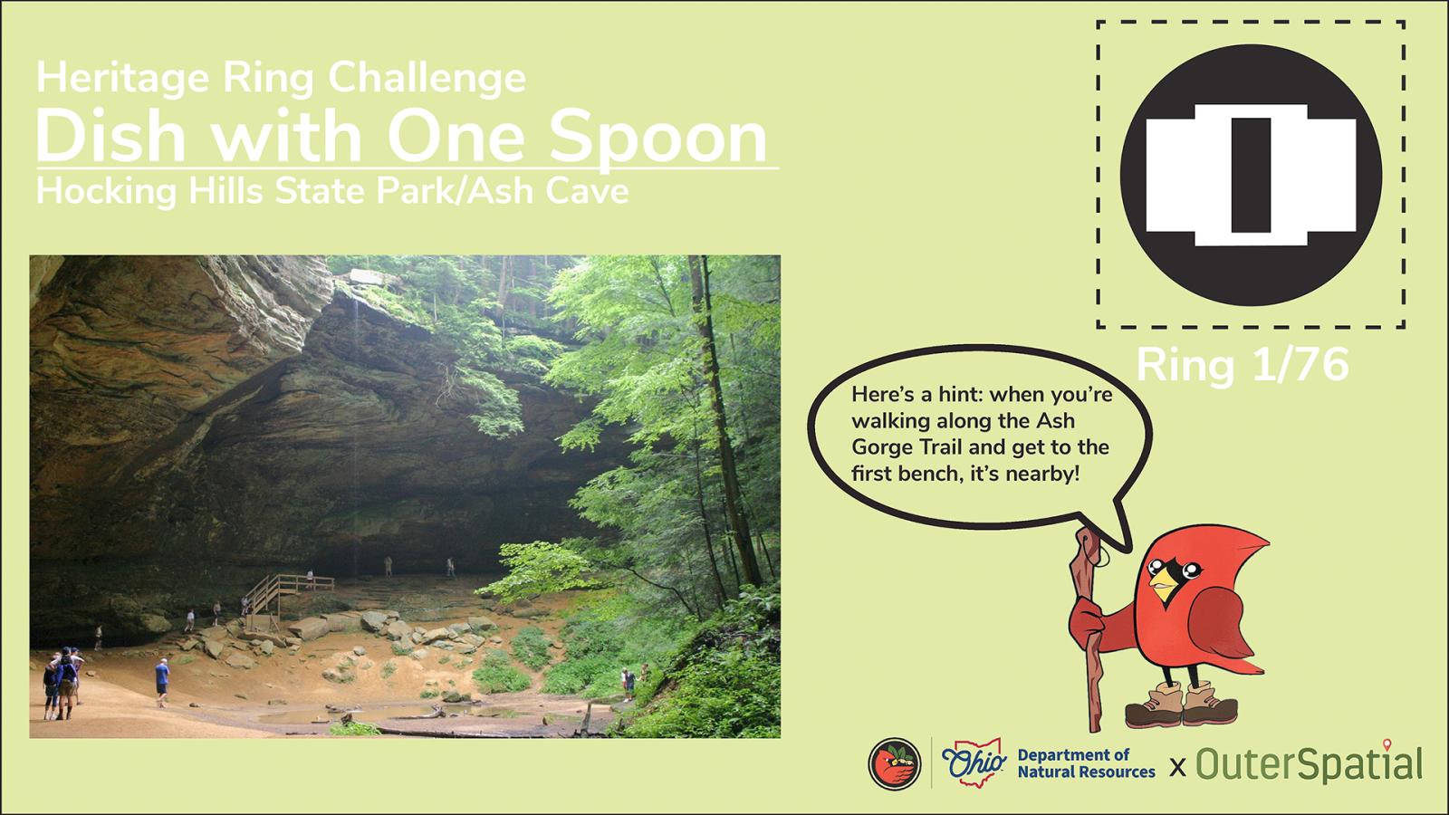 One of the unique rings, “Dish with One Spoon,” that park visitors can collect when coming across a Heritage Ring is shown. This ring is attributed to Ash Cave within Hocking Hills State Park.