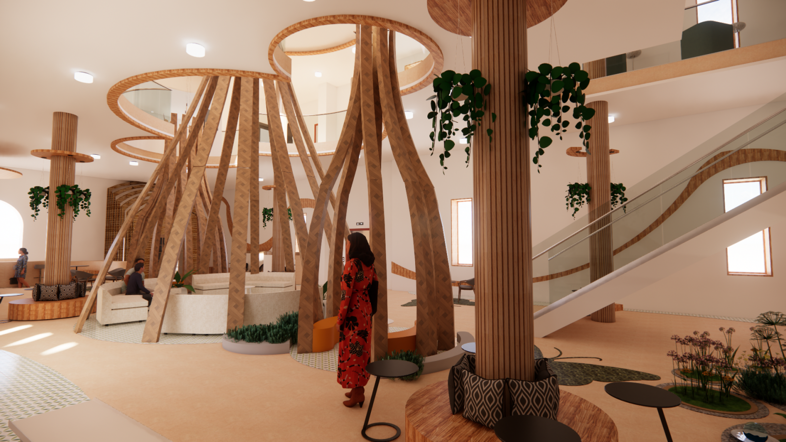 4.	The view of the café from the back allows you to see how the cocoon seatings are arranged, and it shows a bit of the Zen Garden that adds to the biophilic design of the café.