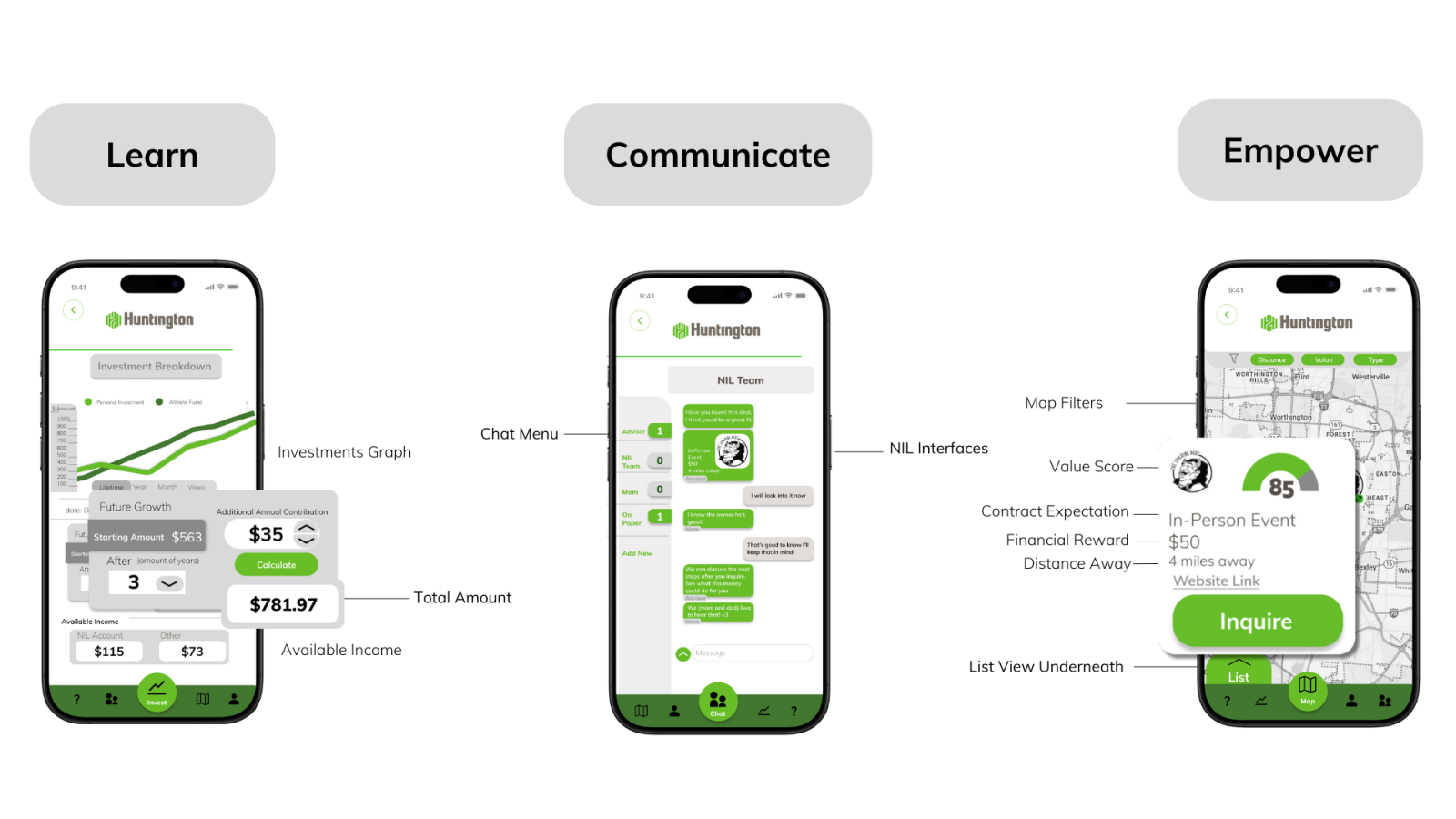 4.	Three supplemental screens from the Horizons application. The first being the investment tab, which allows student athletes to monitor their investments. Second, is the chat tab, which displays the various chat options available to student athletes. Lastly, the NIL map, which displays local NIL deals exclusive to Horizons, as well as how each deal aligns with the athletes preferences.