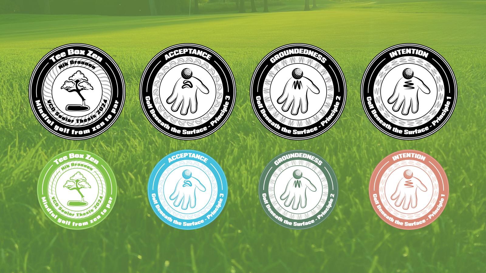 Image of the Tee Box Zen golf ball marker set, with larger black-and-white markers on the top row and smaller colored versions below. These markers are designed for Tee Box Zen members to track their ball positions on the golf course.