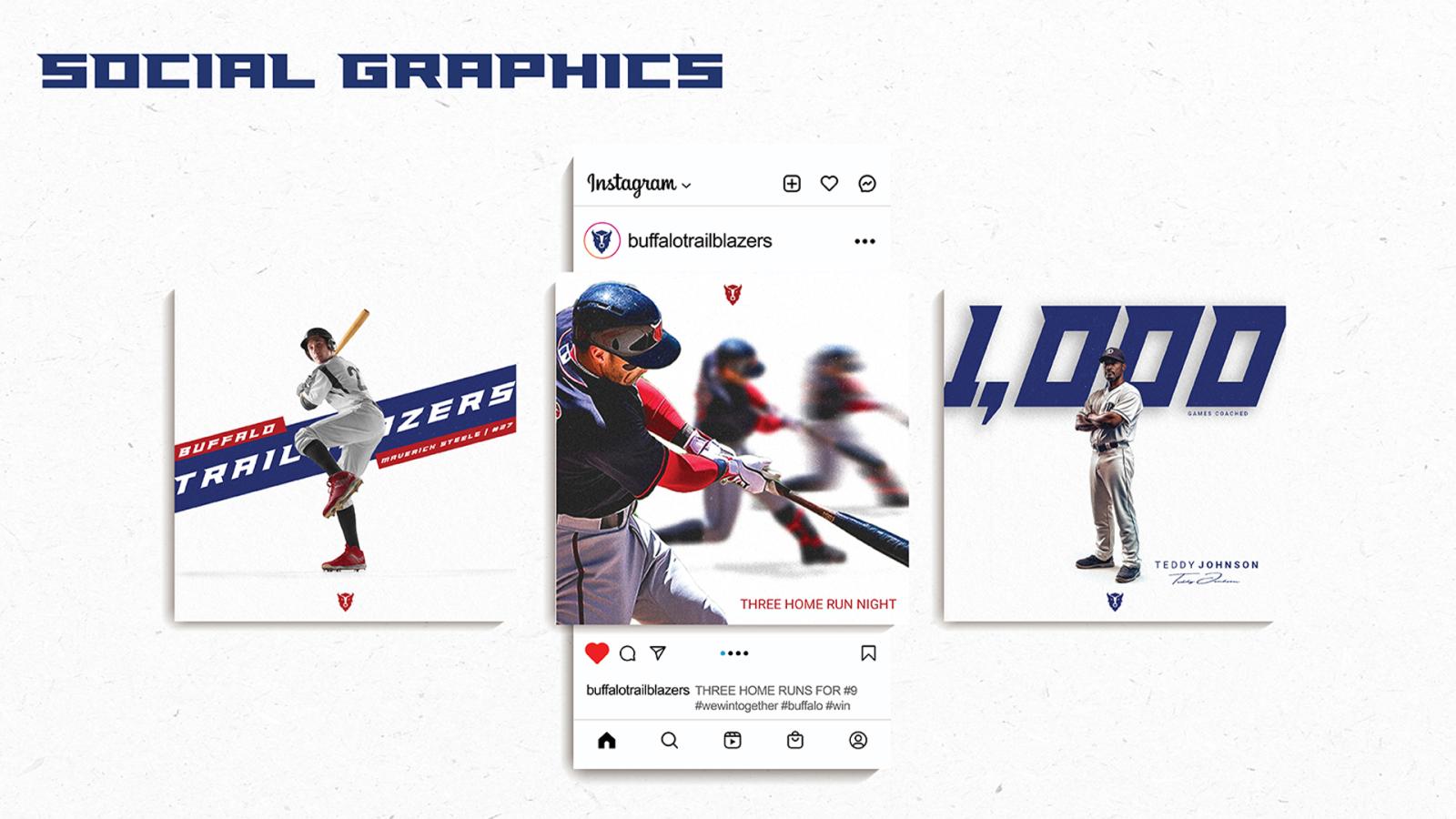 Trailblazers’ player social media graphics post. In the center, a post shows a player swinging a baseball bat. To the left, Buffalo Trailblazers text with a player in the middle. To the right, 1,000 text with a coach in the middle with arms crossed.