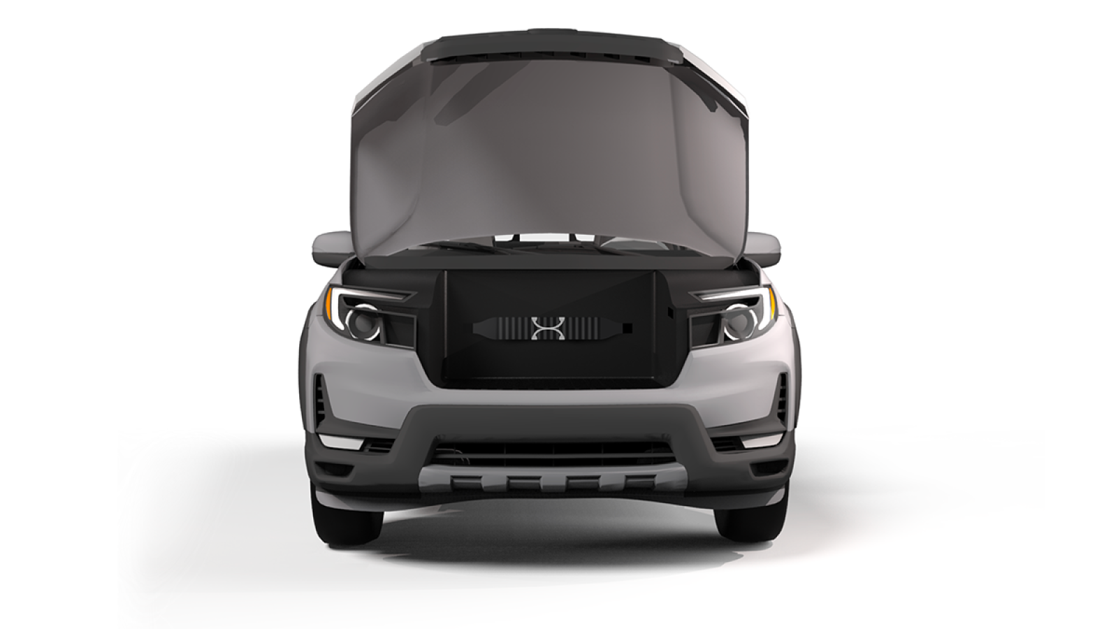 A 3D-rendered image of a modern truck with an open hood, revealing a modular front trunk (frunk) storage system called FrunkFlex. The storage unit is sleek, black, and integrated seamlessly into the vehicle’s front, enhancing cargo organization and accessibility.