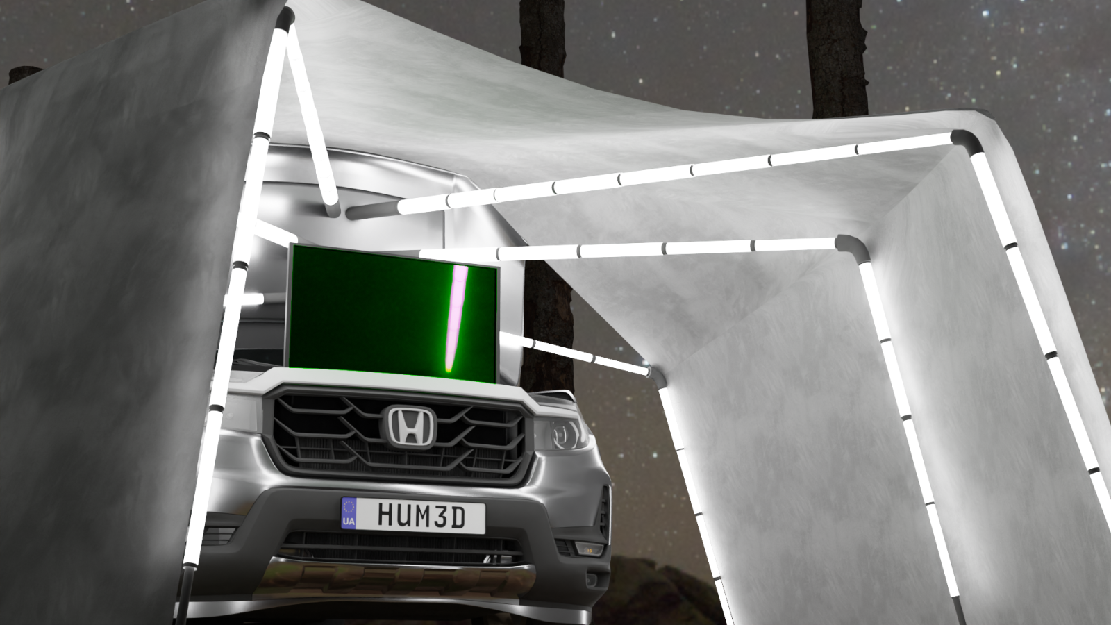 A Honda EV with its frunk open and the FoldNest camping extension fully deployed at night. The illuminated frame structure extends outward, creating a covered living space. A large screen is mounted inside the frunk, providing an entertainment setup.