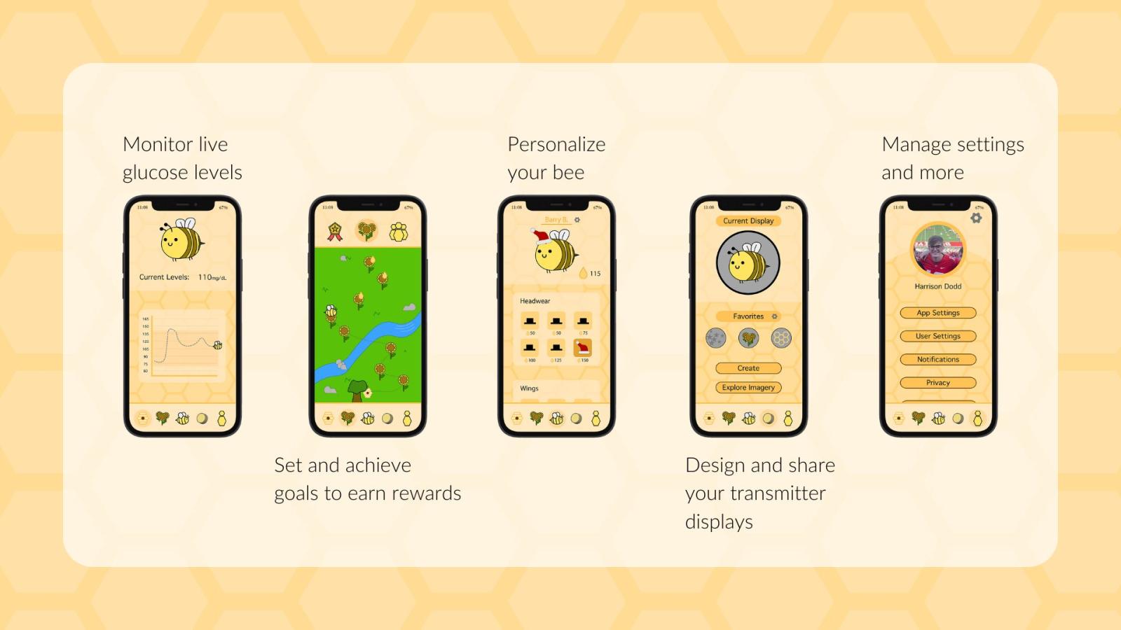 This image shows the five main pages of the Buzz app. Text on the image states the user can “monitor live glucose levels”, “set and achieve goals to earn rewards”, “personalize your bee”, “design and share your transmitter displays”, and “manage settings and more”.