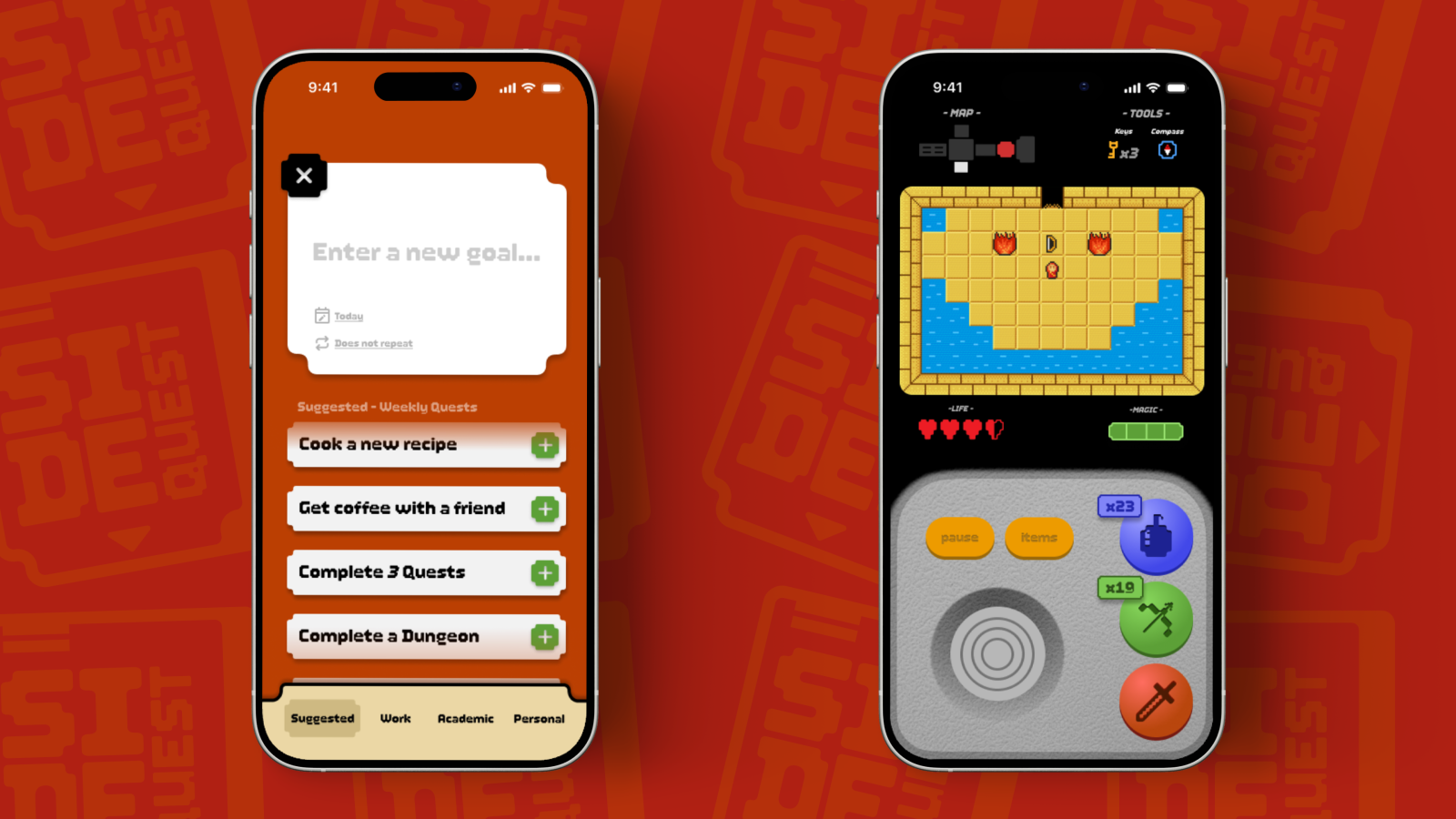 Two interfaces from SideQuest, one showing the Task Creation screen and the other showing the Game Interface