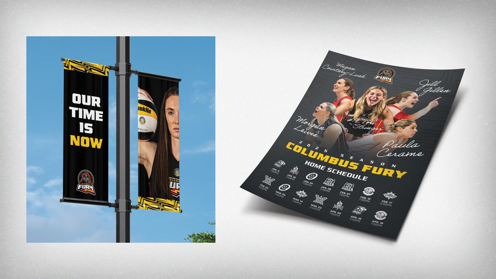 On the left is a mockup of outdoor banners, one saying “Our time is now” and one showcasing a headshot of an athlete. On the right is a mockup of a poster design with five athletes and the home schedule on it.  