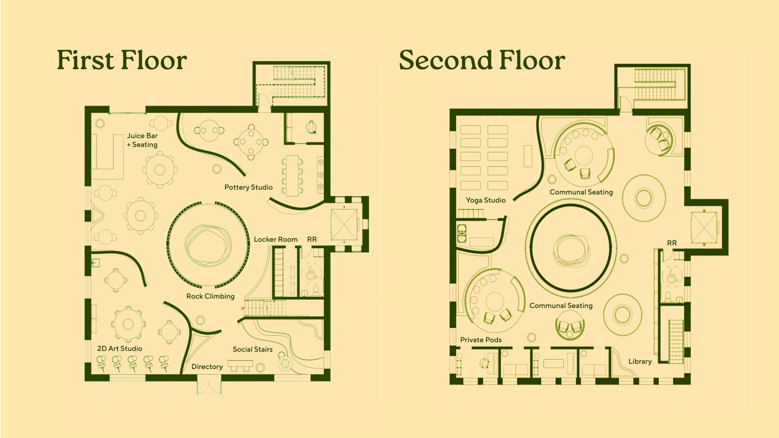 Adetailedfloorplanofatwo-storybuilding.Thefirstfloorincludesapotterystudio, juice bar with seating, rock climbing area, locker room, and social stairs. The second floor features a yoga studio, communal seating areas, private pods, and a library. The central open space visually connects both floors.