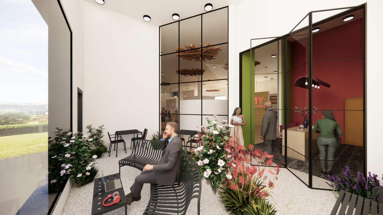 A courtyard for staff and caregivers to enjoy a meal, socialize, and relax in the courtyard. Natural light and greenery to allow productivity and health benefits.