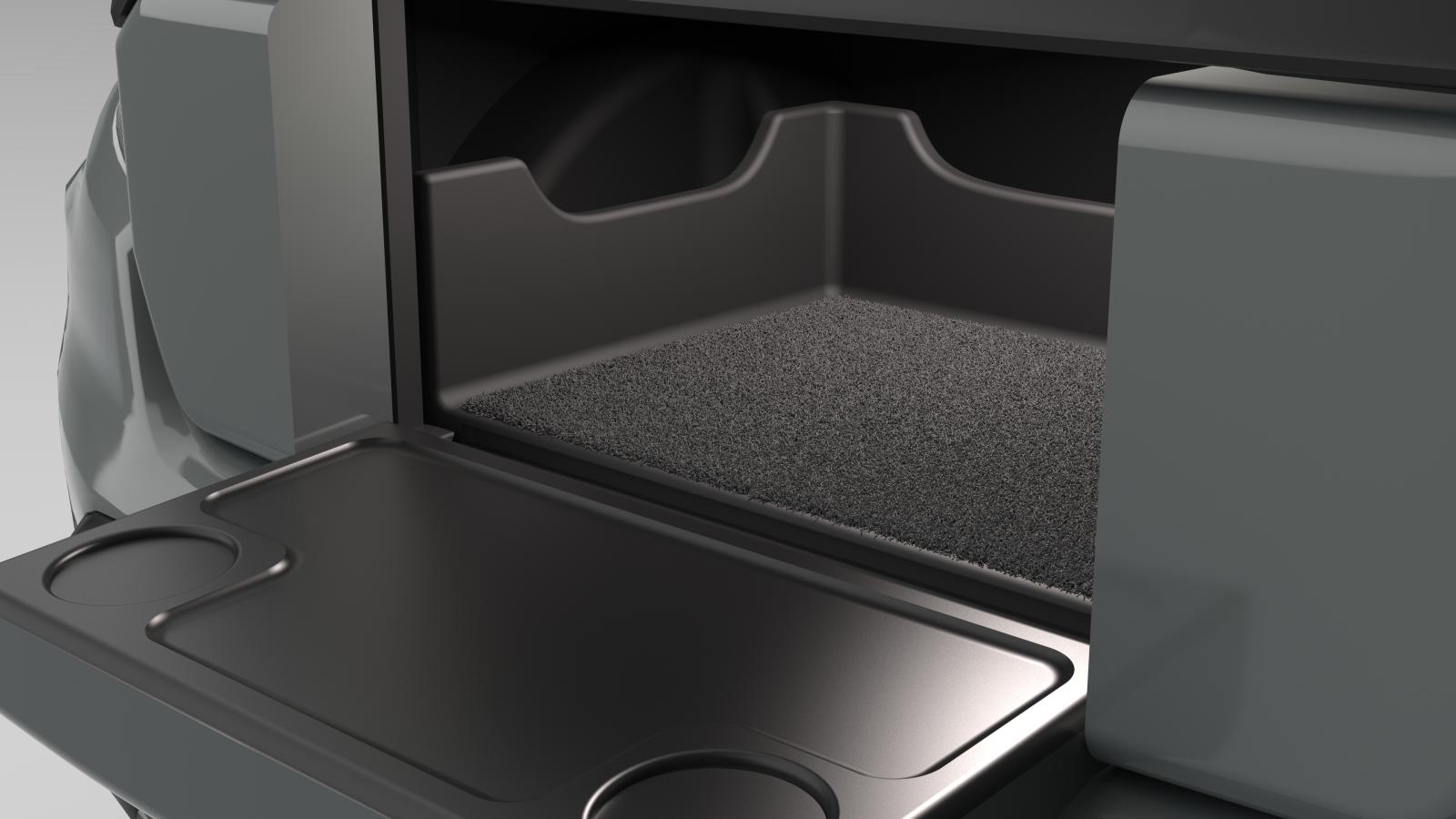 A 3D rendered image of the front of a Honda Ridgeline looking more closely to show the details of the Grille Gait and Guard. It shows the details of the large recession on the back of the gait and two other smaller spots for cups. Between the gait and the guard is a groove to slide fingers to the guard. The inside shows the details of the guard including the carpeting on the floor and also that the walls rise about half way up the height of the frunk opening and dips in the middle of the walls with smoot