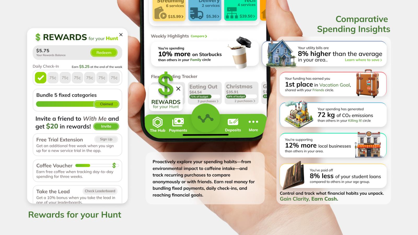 Huntington Bank app's rewards and insights dashboard showing available rewards, spending comparisons, and achievement tracking.