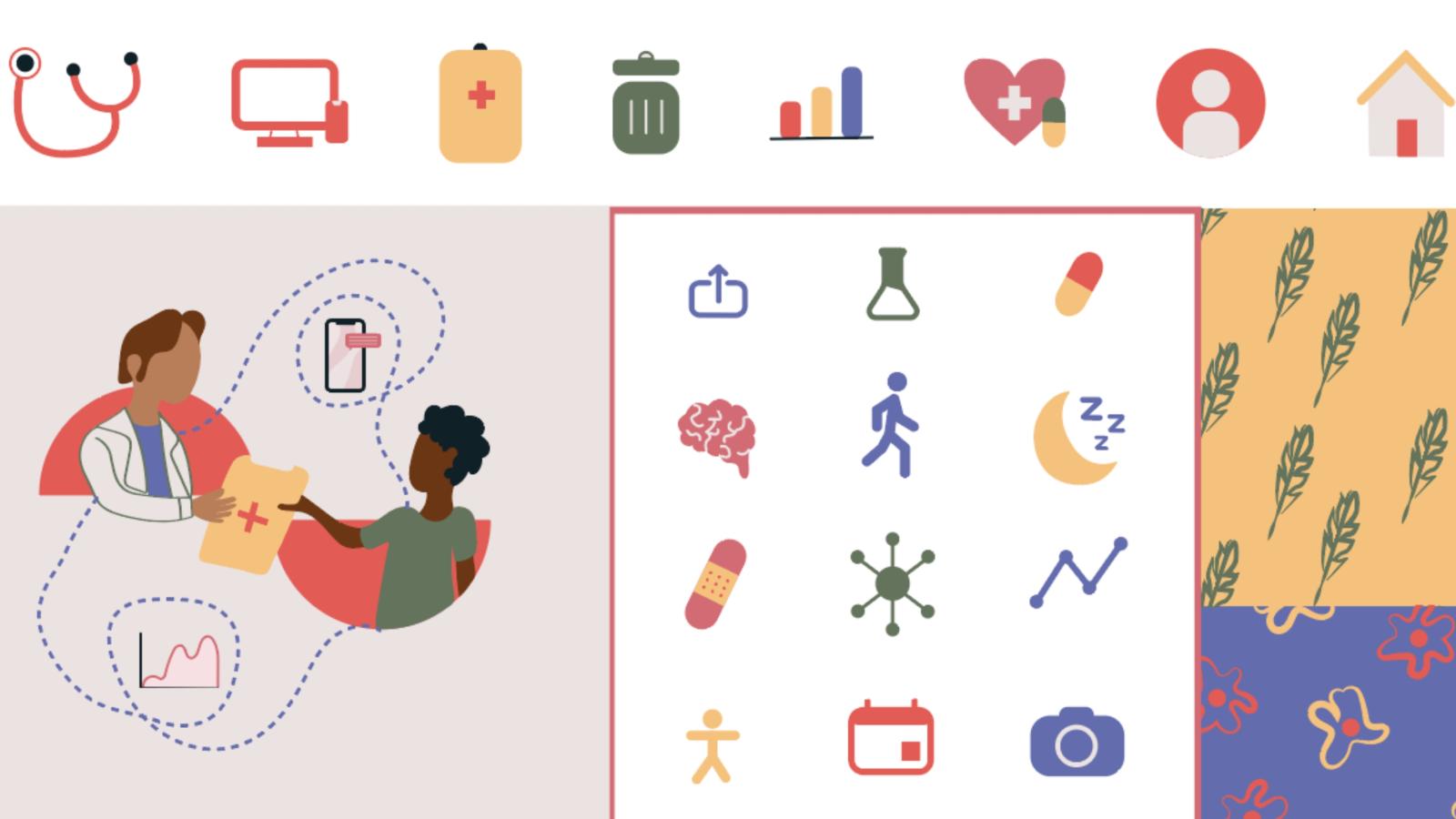 The image features Chronical’s branding images including primary and secondary icons in yellow, pink, and blue with accents of beige and black. There is also an illustration of a doctor and patient connecting through digital media and two patters, one made up of feather quills and the other illustrated flowers.
