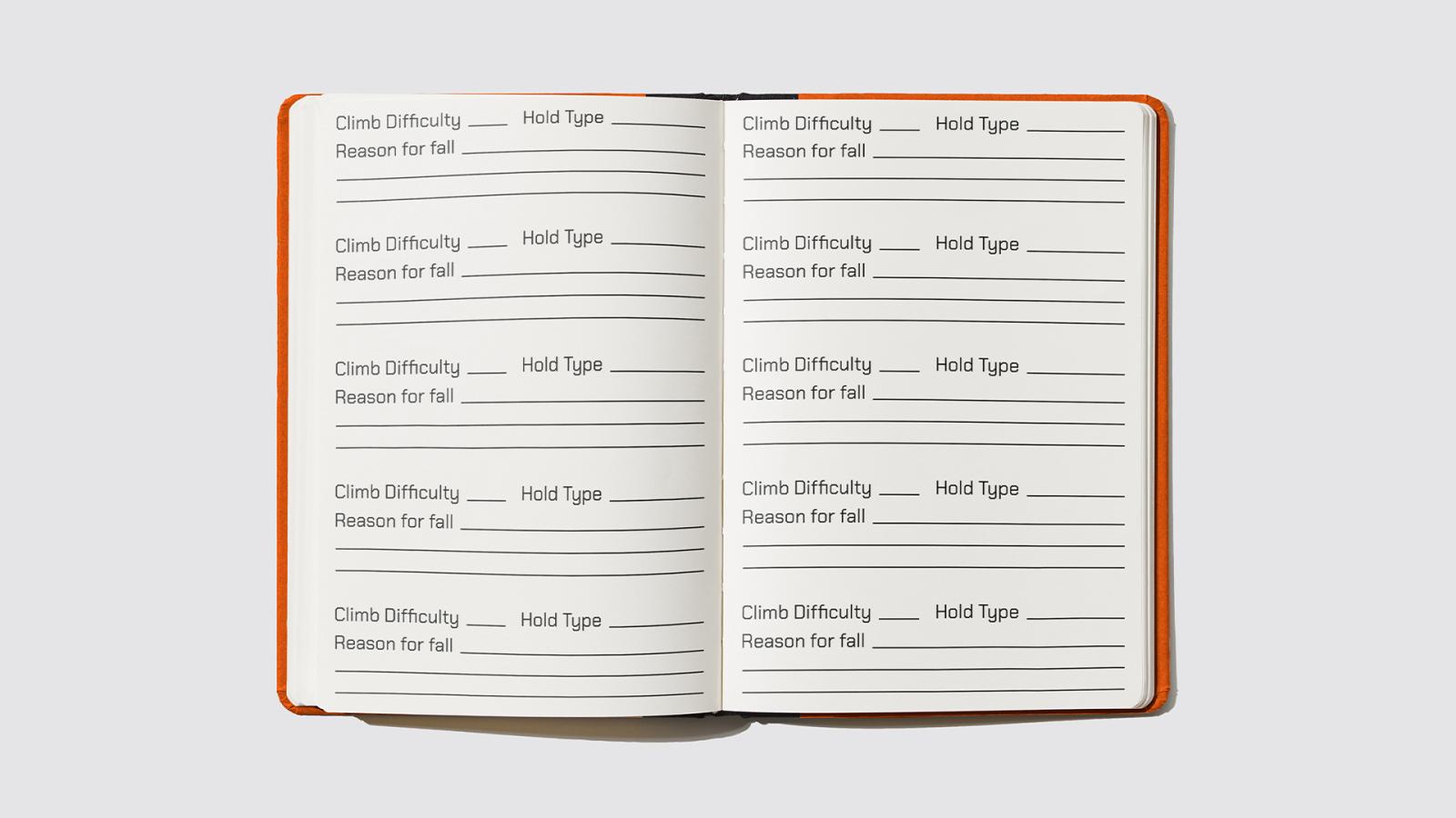 The inside of the journal has different fill in the blank sections repeated across both pages. Each section has a label for climb difficulty, hold type, and the reason for falling alongside spots where the climber can write in their answers.