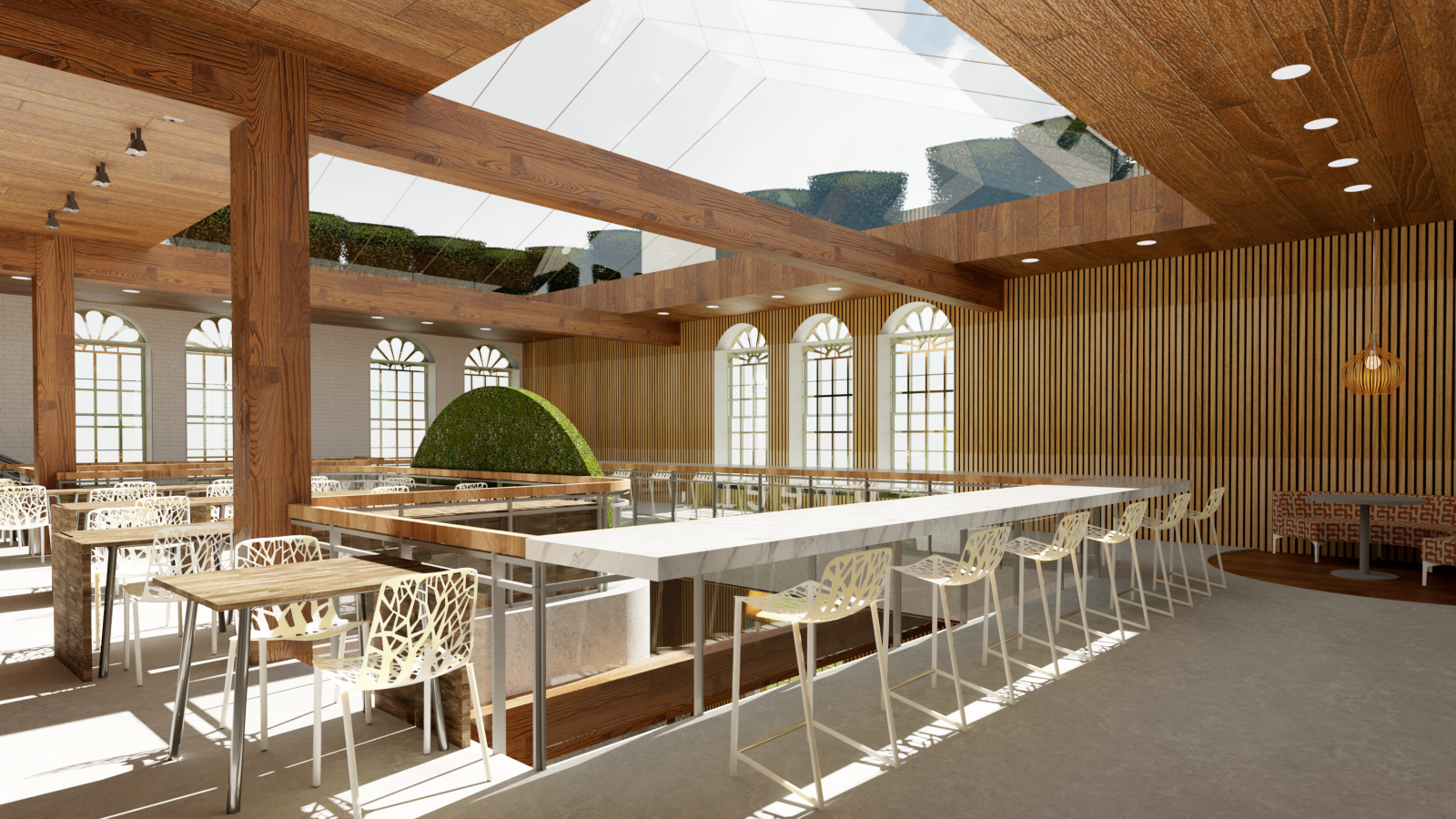 A modern greenhouse and produce market with a lush green ceiling and integrated lighting. A central hydroponic display sits in the middle, surrounded by wooden accents. To the right, a washing station with a round mirror and stainless-steel sink leads into a kitchen. The space allows guests to purchase prewashed produce or harvest their own.