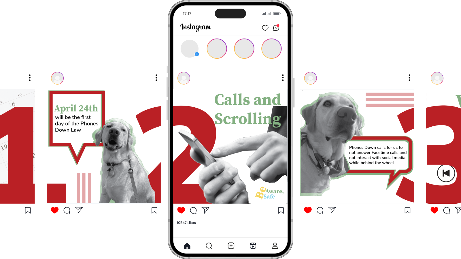 A seven slide feed Instagram mockup that uses graphics and photos to show three tips on staying safe when driving a motor vehicle and new laws: Phones Down Law, avoid taking calls and scrolling, and avoid watching videos when behind the wheel. 