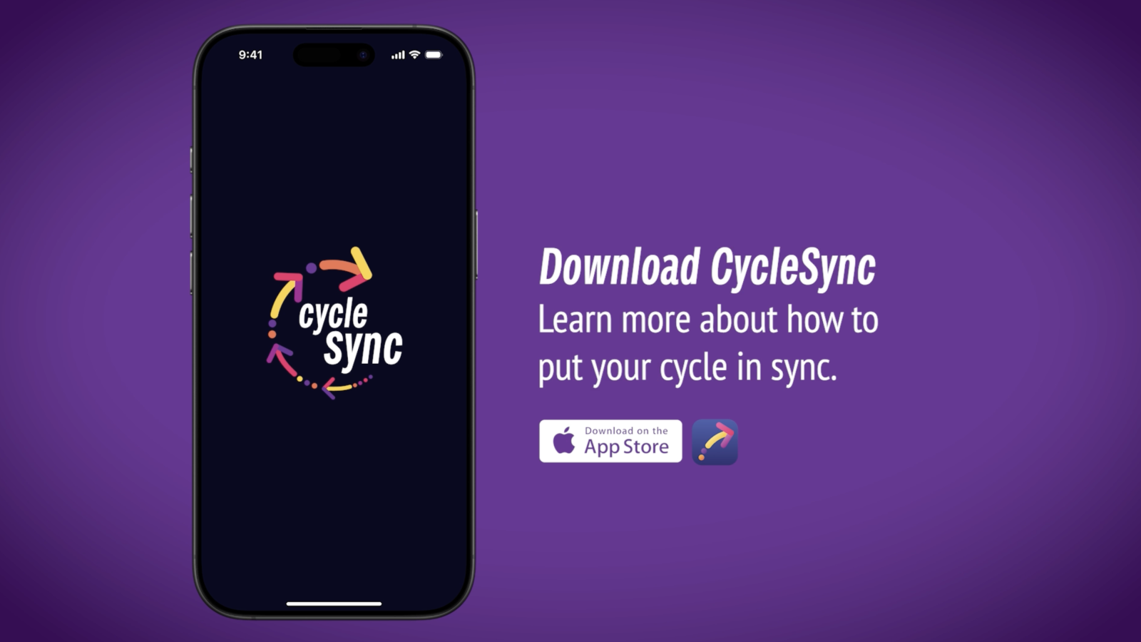 A graphic that uses text to encourage viewers to download the application today and contains a mockup of a phone with CycleSync on it.