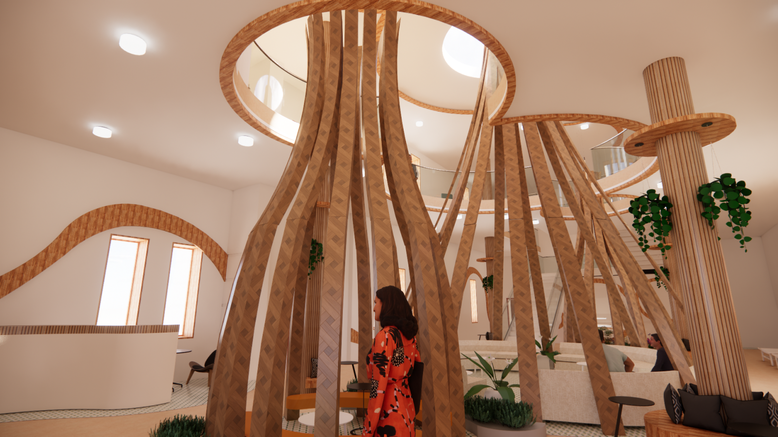 5.	This view is by the entrance and shows the barista point of view. You can see how the cocoon seatings help with connecting the two floors visually.