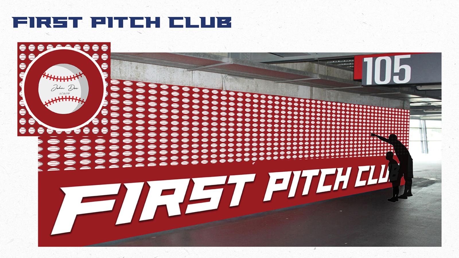 A person standing in front of a wall covered with baseballs and the text First Pitch Club in bold letters below the baseballs. The baseballs have a signature and date signed visible.