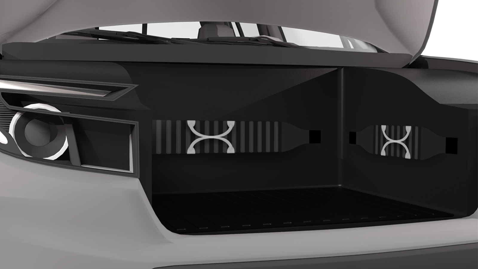 A detailed 3D-rendered view of the FrunkFlex storage system inside a vehicle’s front trunk. The black, modular compartments feature structured inserts and a sturdy design, optimizing cargo space while maintaining easy accessibility.