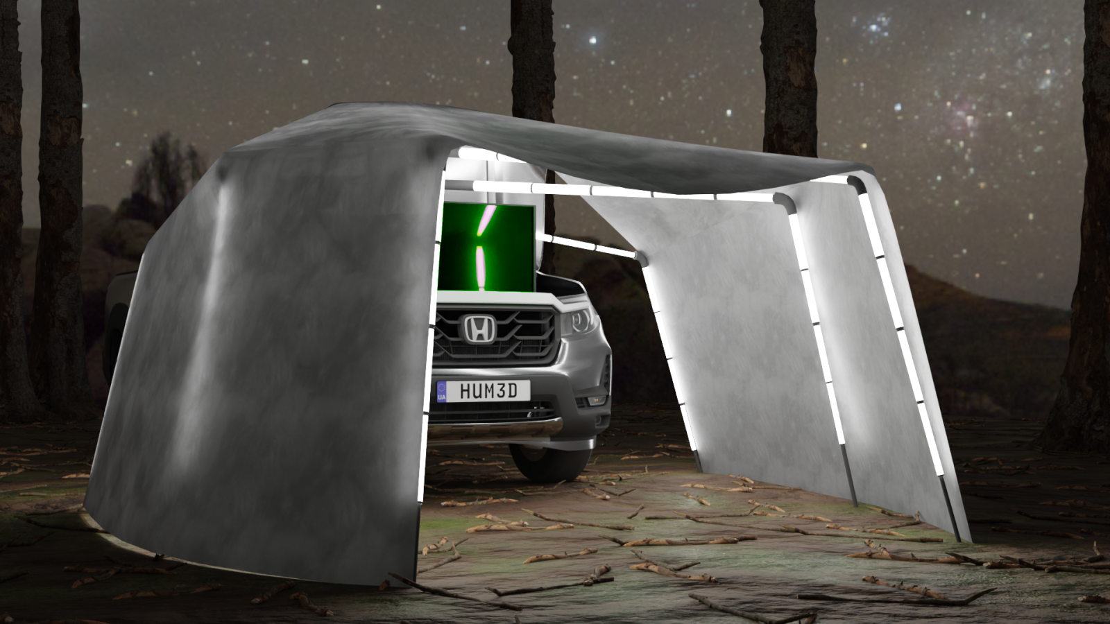 A Honda EV with the FoldNest camping extension fully deployed at night. The lightweight canopy extends from the open frunk, creating a sheltered living space with illuminated structural frames. A large screen inside the frunk displays visuals, enhancing the outdoor entertainment experience.